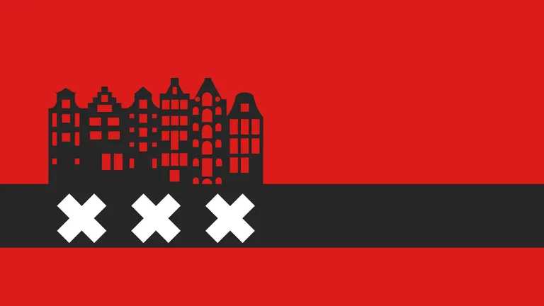 Flag of Amsterdam with some stereotypical canal houses