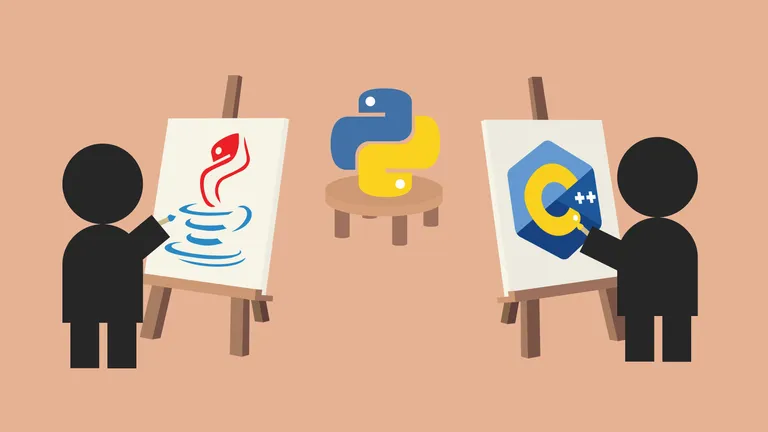 Two artists try to paint the Python logo. One looks like the Java logo, the other like the C++ logo.
