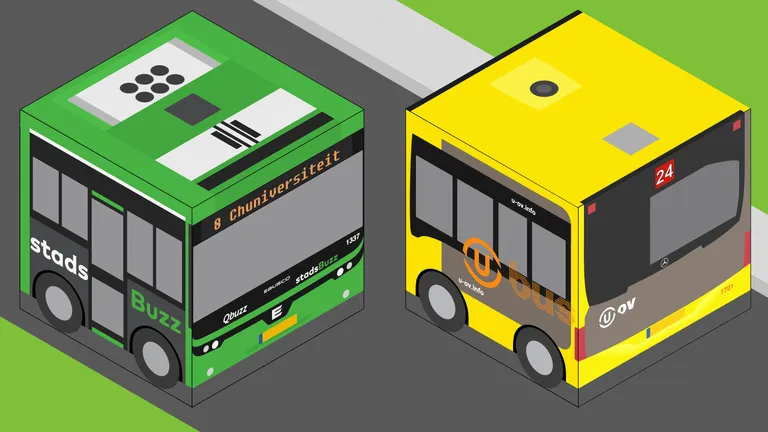Illustration of two cube-shaped buses