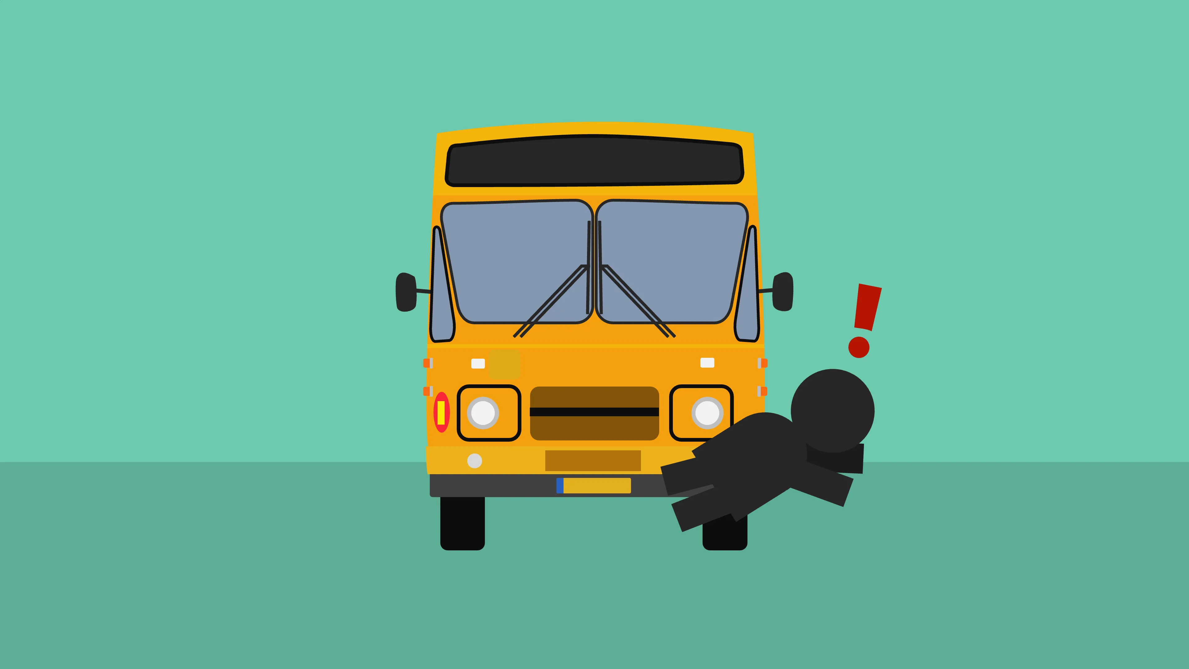 A bus is about to hit a pedestrian, who jumps away