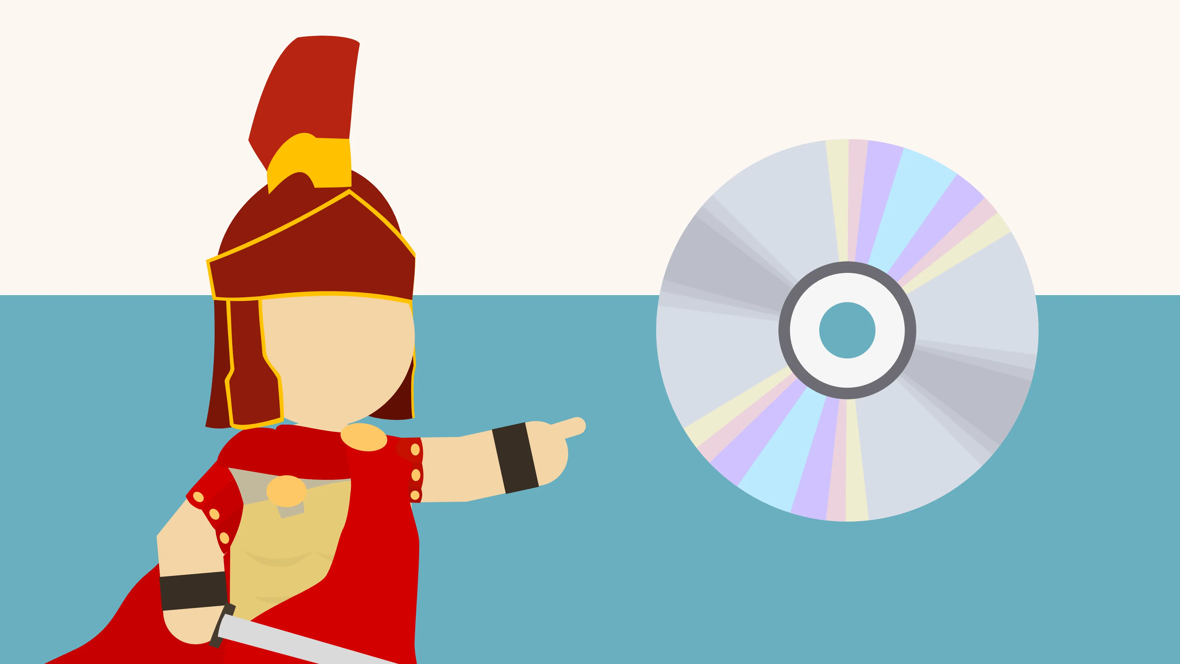 Roman officer points at a huge CD-ROM
