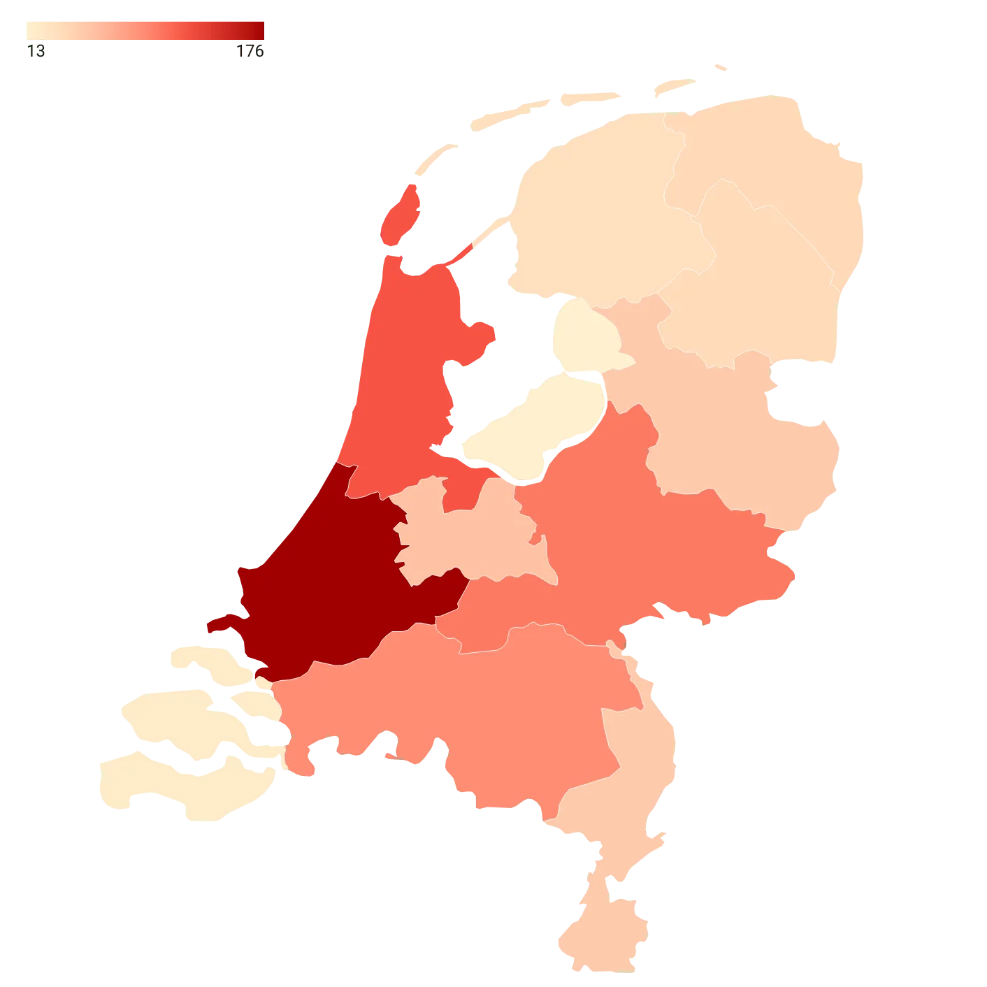 Map of the Netherlands, with each province shaded from 13 to 176 Chinese restaurants
