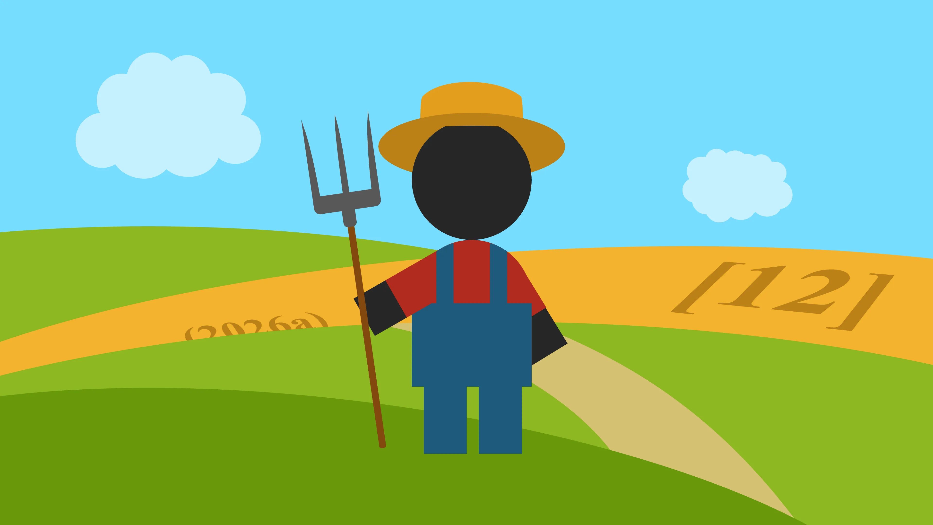 A farmer tends to his fields, with crops that look like citations