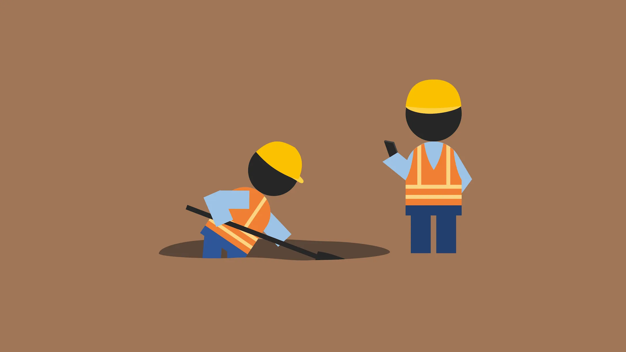 Construction worker pretends to check the work of his colleague