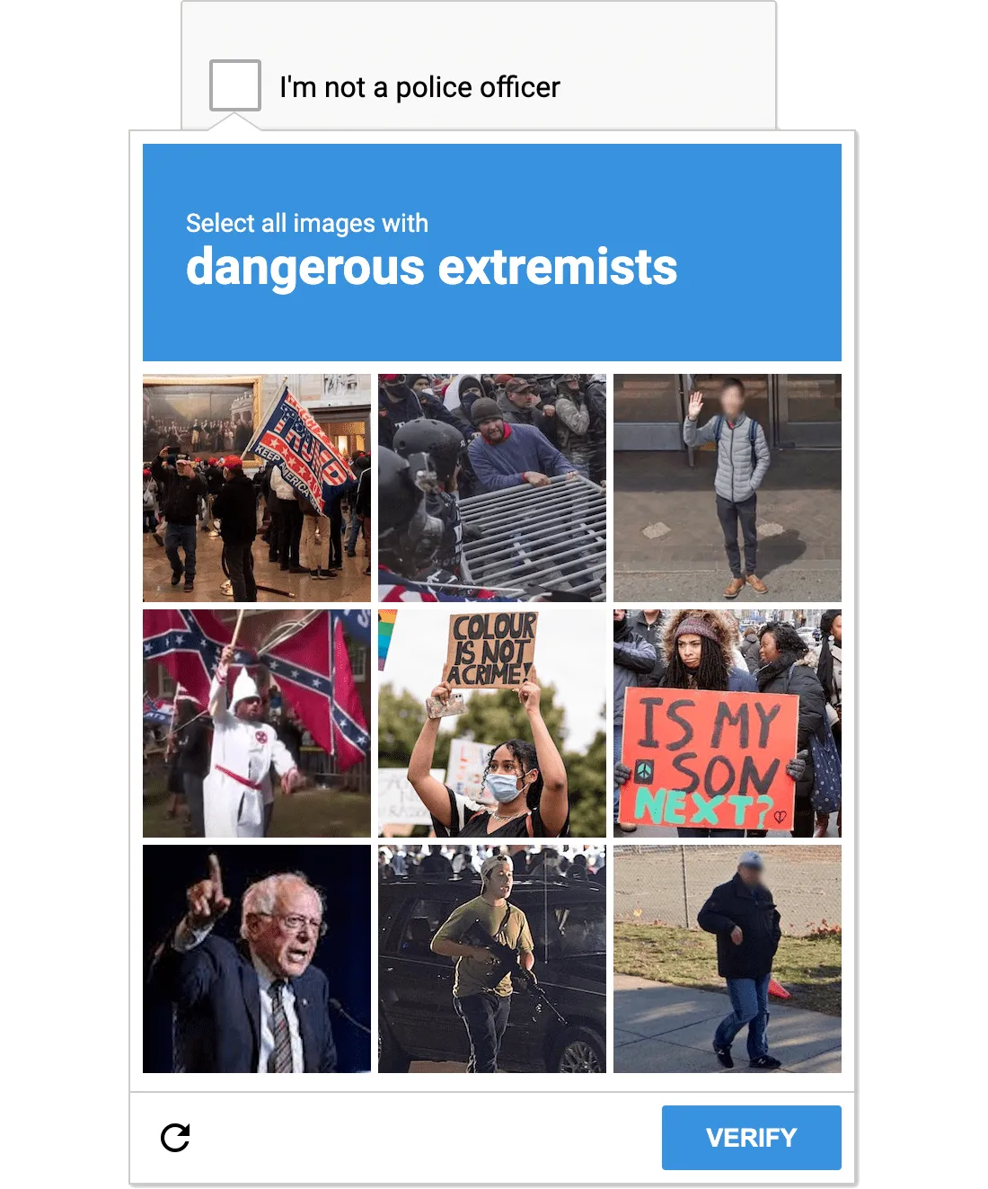 A screenshot of COPTCHA, which looks exactly like Google’s reCAPTCHA dialogs. This one asks the user to select all images with “dangerous extremists”. Images include photos of BLM protesters, Bernie Sanders, a random pedestrian, and actual extremists.