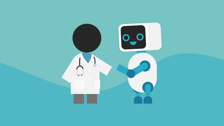 A doctor shakes hands with a robot