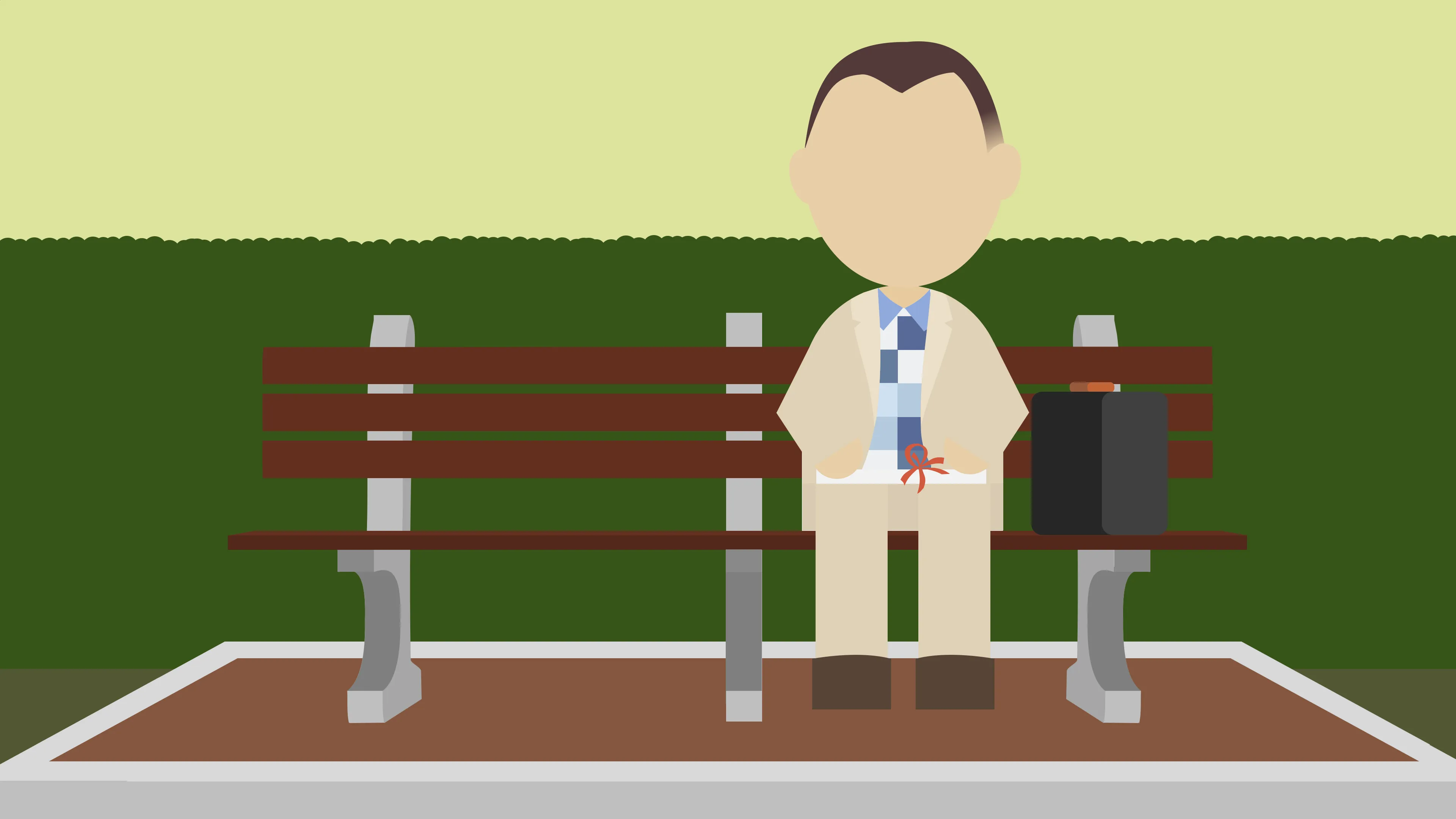Forrest Gump on a bench, with a box of chocolates