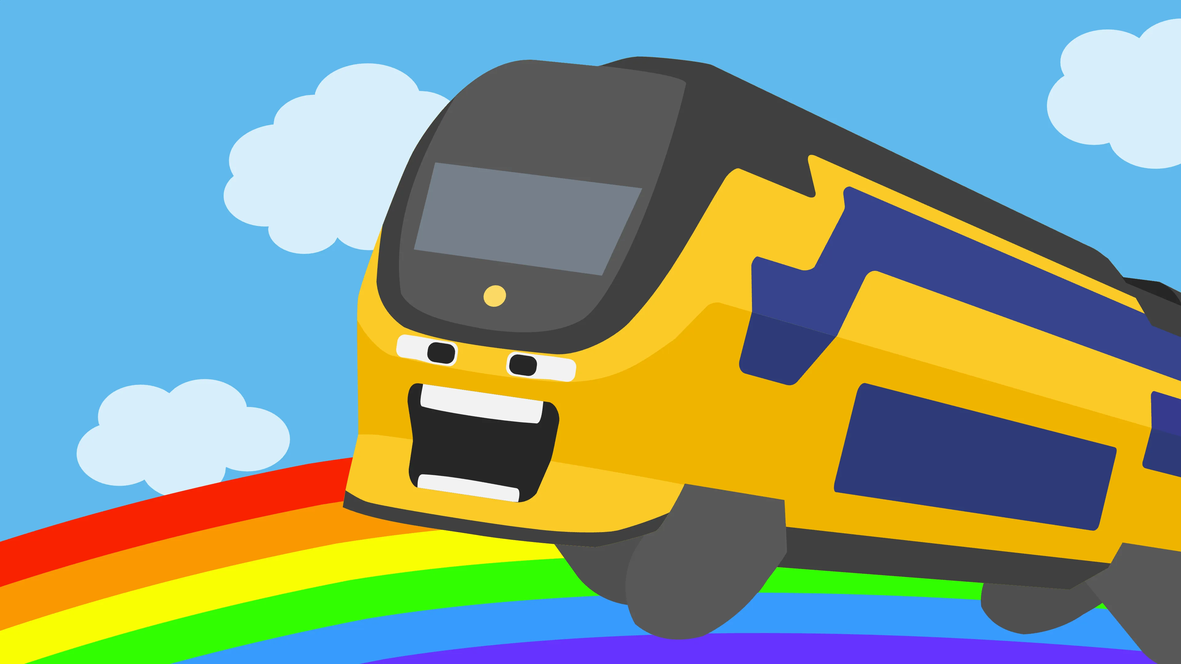 Anthropomorphic VIRM train with a dumb face rides across a rainbow in the sky
