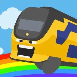 Anthropomorphic VIRM train with a dumb face rides across a rainbow in the sky