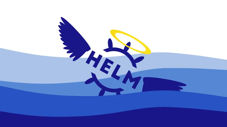 Helm logo with halo and angel wings, partially submersed in water.