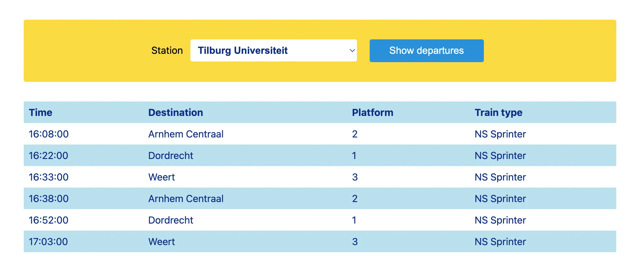 A page that shows all trains that depart from Tilburg University station within the next hour.