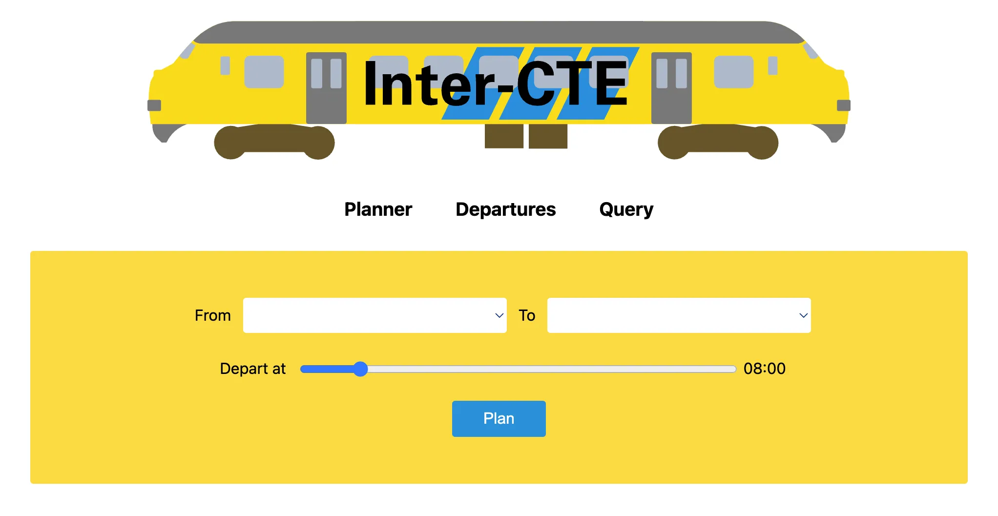 Inter-CTE’s main page shows a page from which a user can plan a journey from one train station to another at a departure time of their choosing.