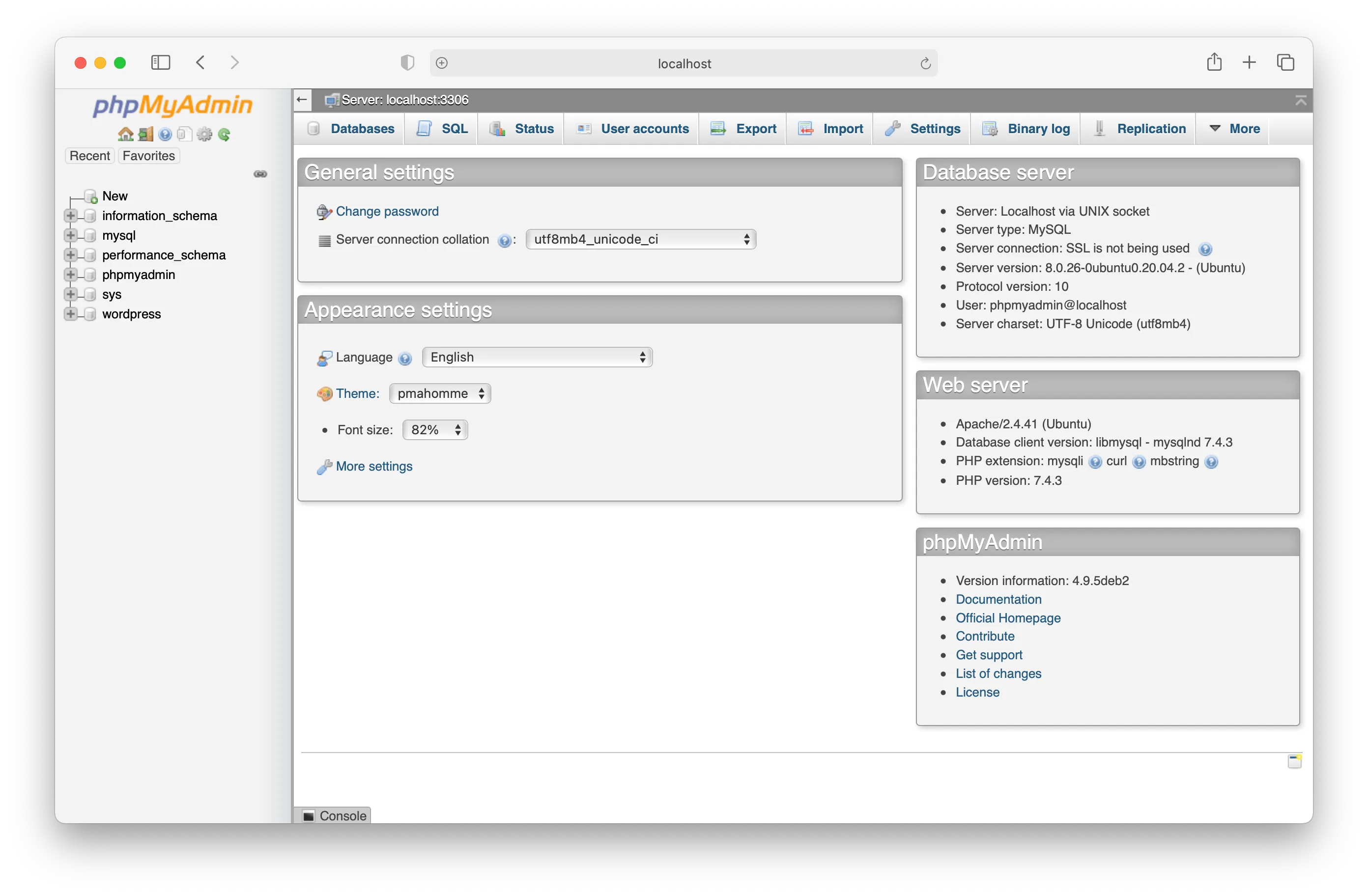phpMyAdmin’s home screen, which still looks as if it was designed by a programmer.