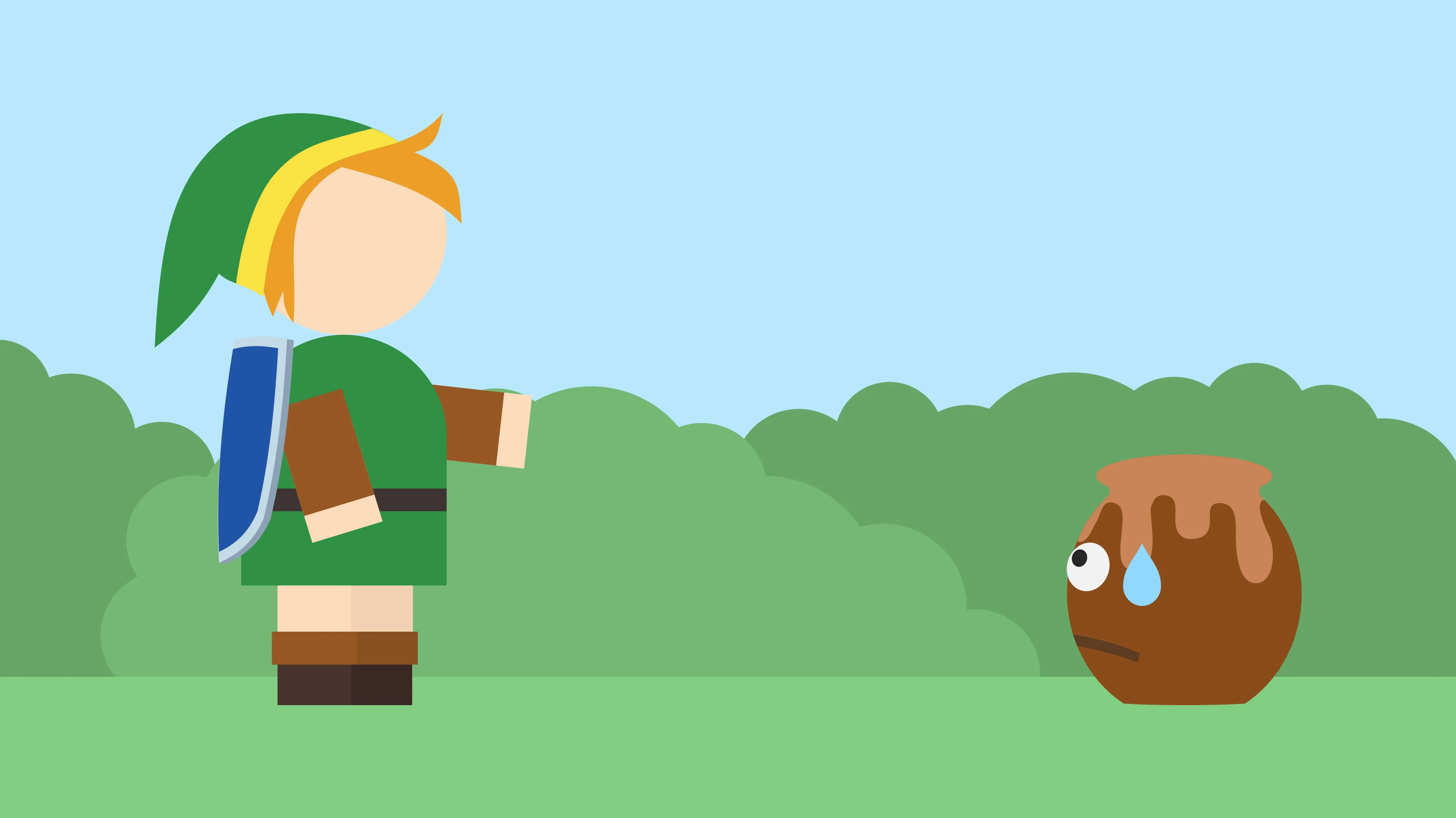 Link from the Zelda series points at a pot that he’s about to break.