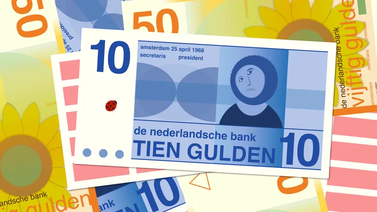Some old Dutch banknotes with a ladybug on one of the notes