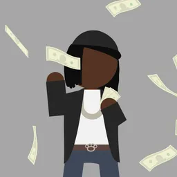 Person with a briefcase surrounded by falling banknotes