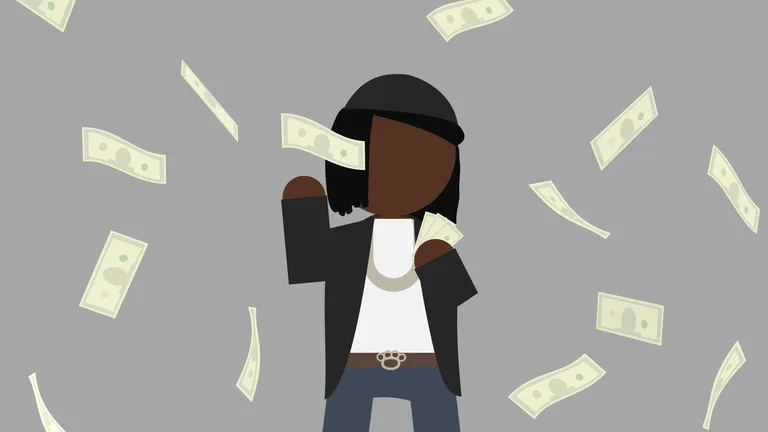 Person with a briefcase surrounded by falling banknotes