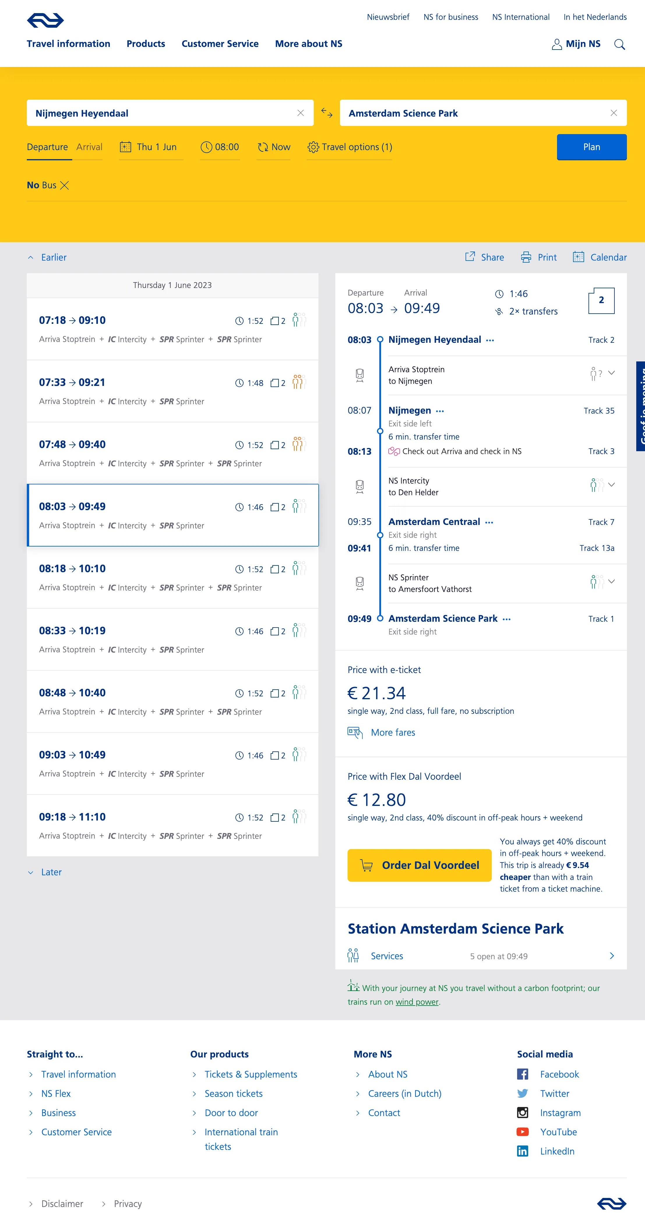 Official travel advice for Nijmegen Heyendaal – Amsterdam Science Park on 1st June 2023 as seen on the website of the Dutch Railways.