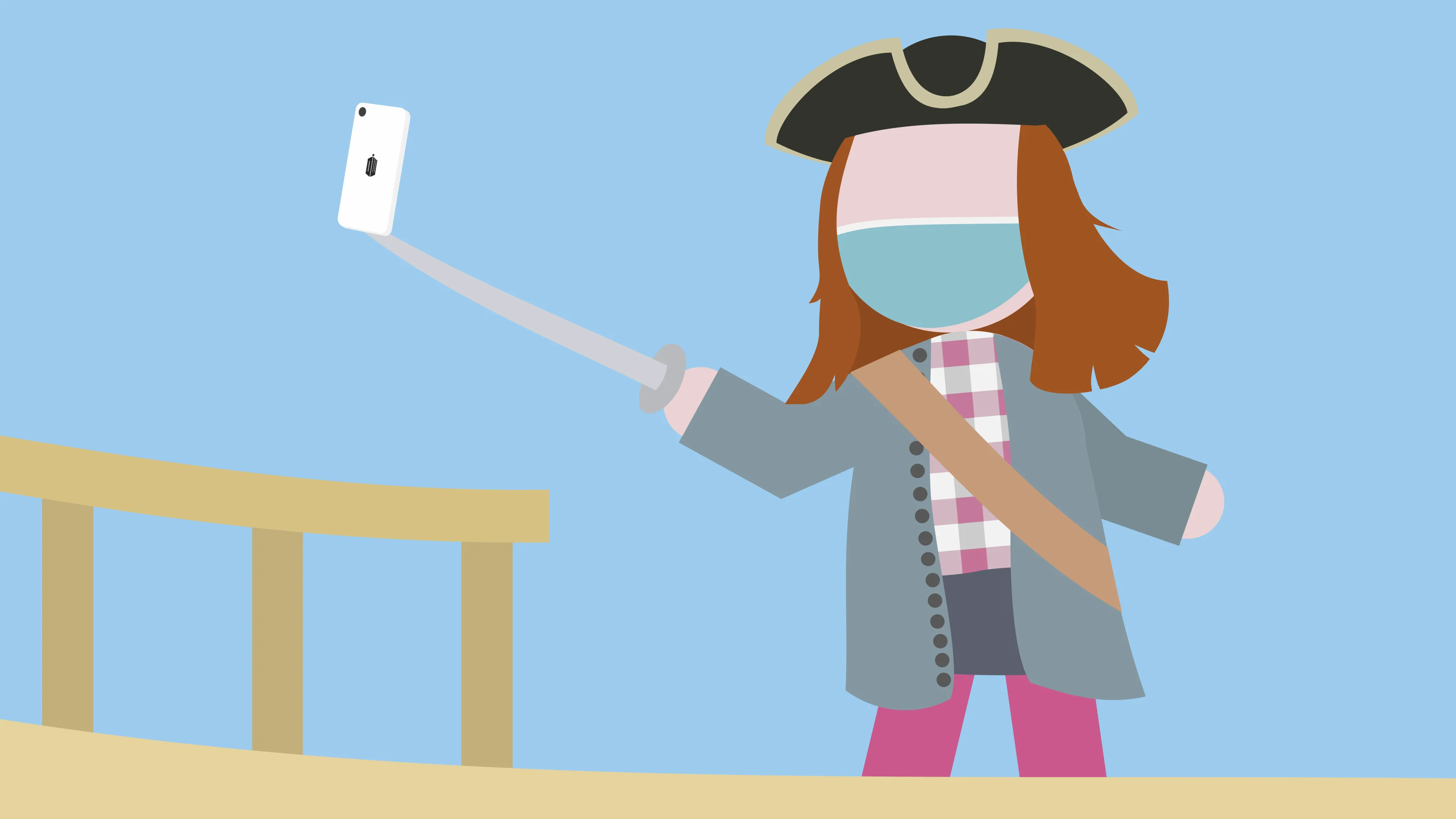 Face-masked pirate with a selfie stick boards a ship