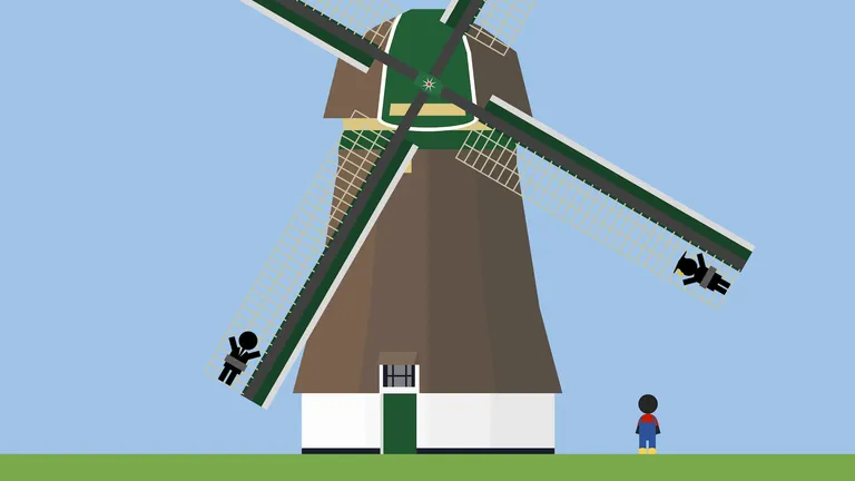 People with different jobs, tied to a Dutch windmill