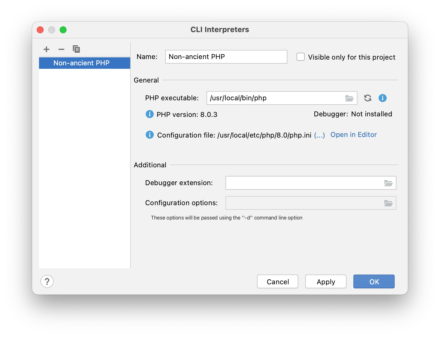 A window in which we can create a new CLI interpreter. We have provided /usr/local/bin/php as the path to the PHP executable.