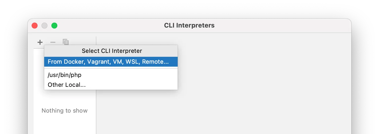 A window that shows all CLI interpreters. The plus button has been pressed and shows a context menu that lets you select a new CLI interpreter.