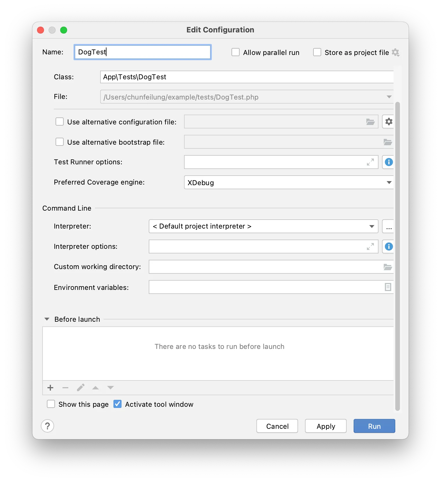 PhpStorm shows the “Edit configuration” window again, this time without an error message.