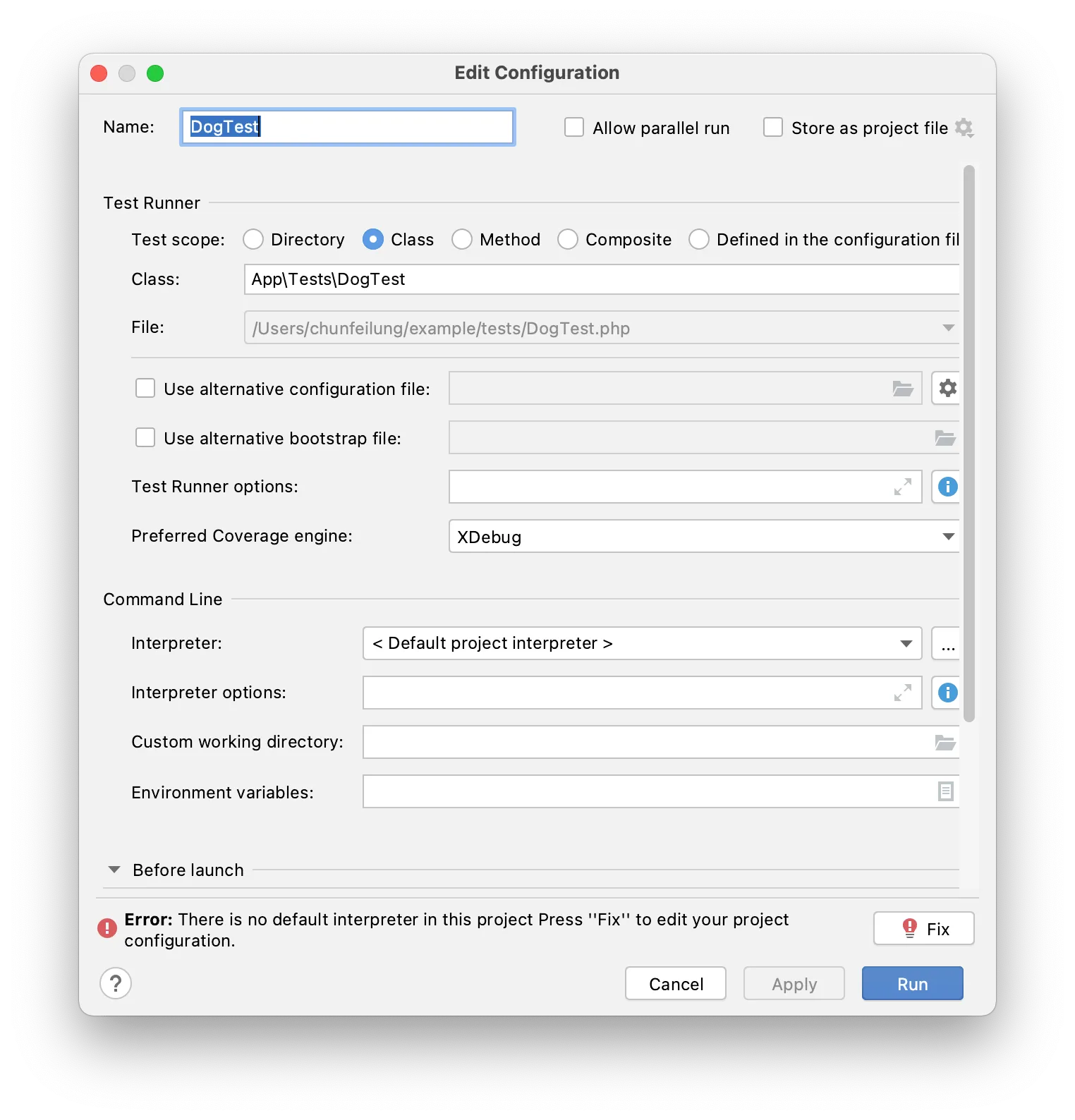 PhpStorm shows the “Edit configuration” window. An error message explains that the project does not have a default interpreter and tells you to press the “Fix” button.
