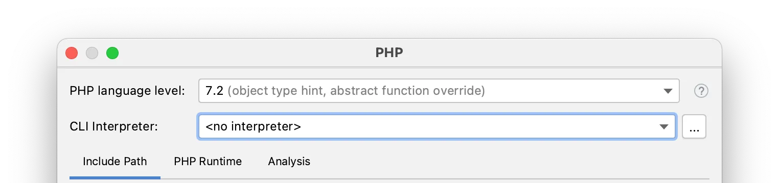 A window that lets you select a PHP language level and interpreter for your project.