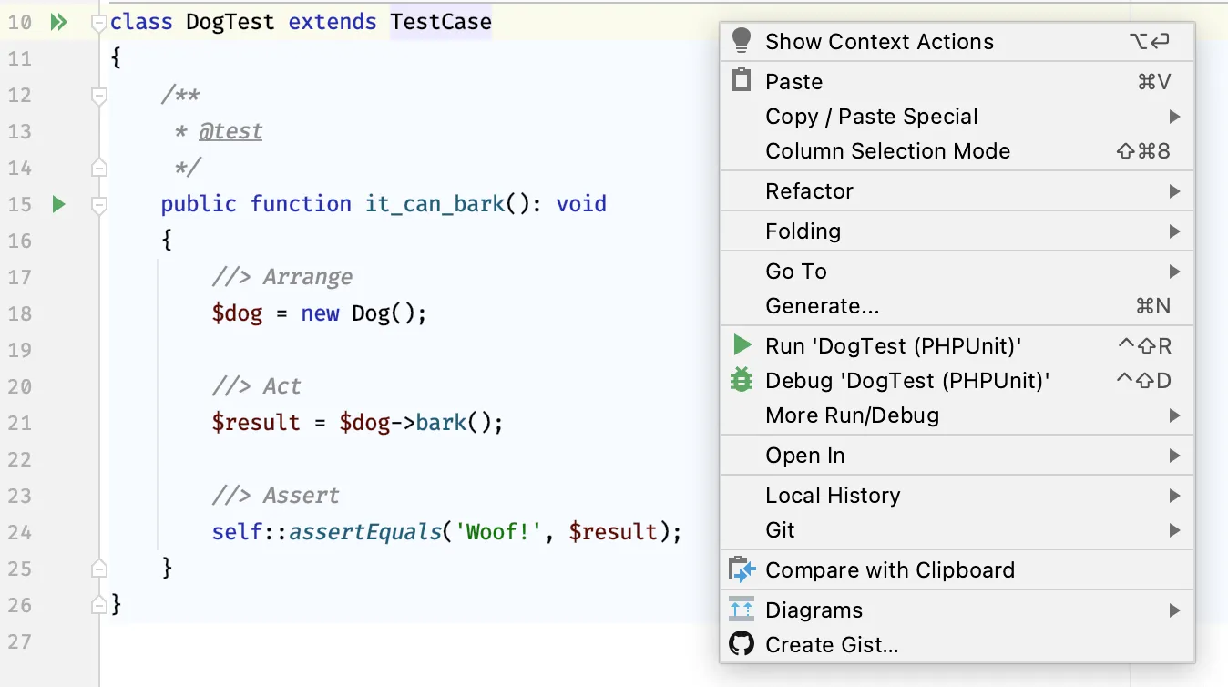 A context menu that is displayed when you right-click in a class file. The menu shows a menu option that lets you run the tests in this file.