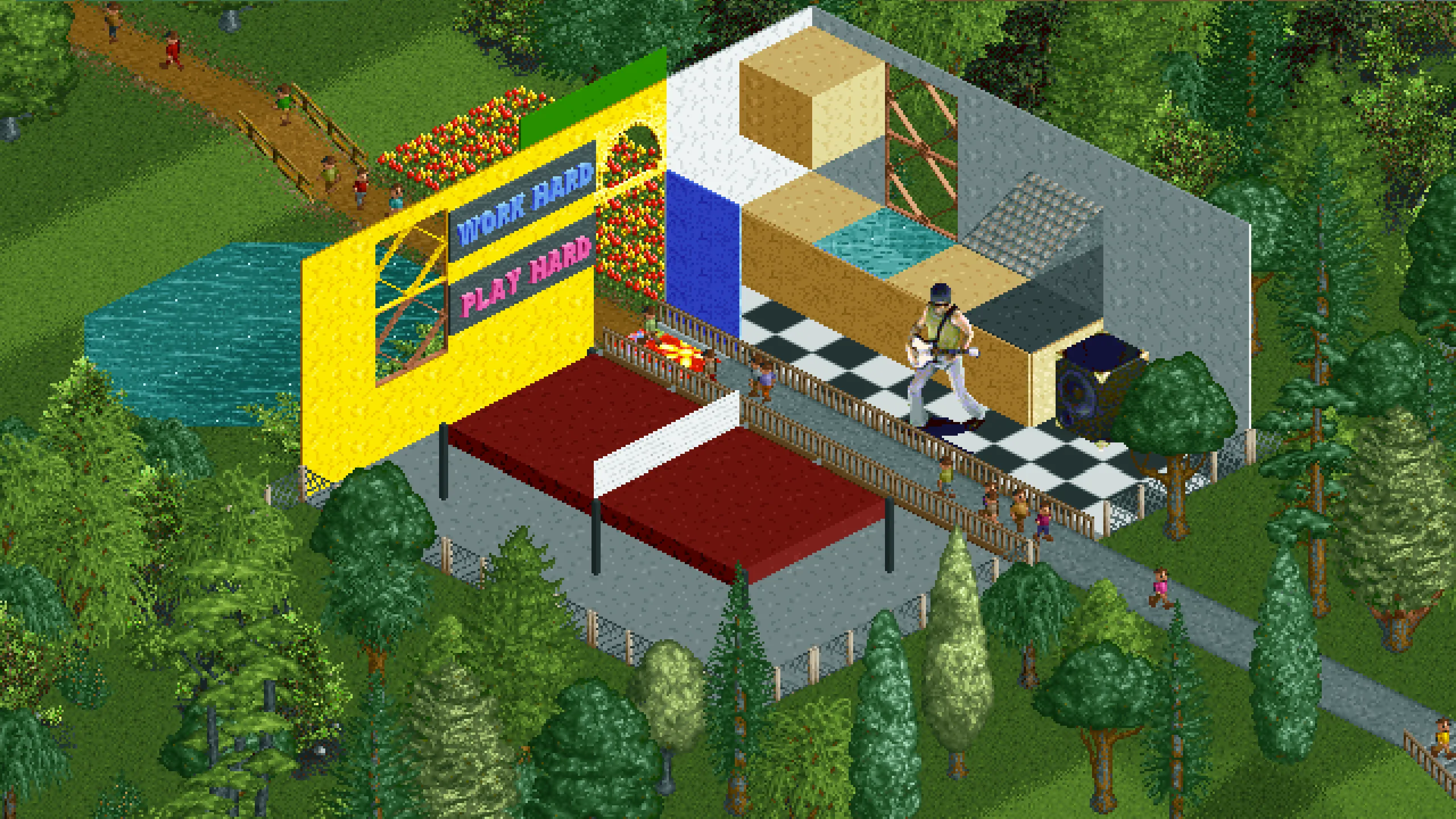 The interior of the house. A large animatronic rock star plays music in the kitchen while guests walk by.