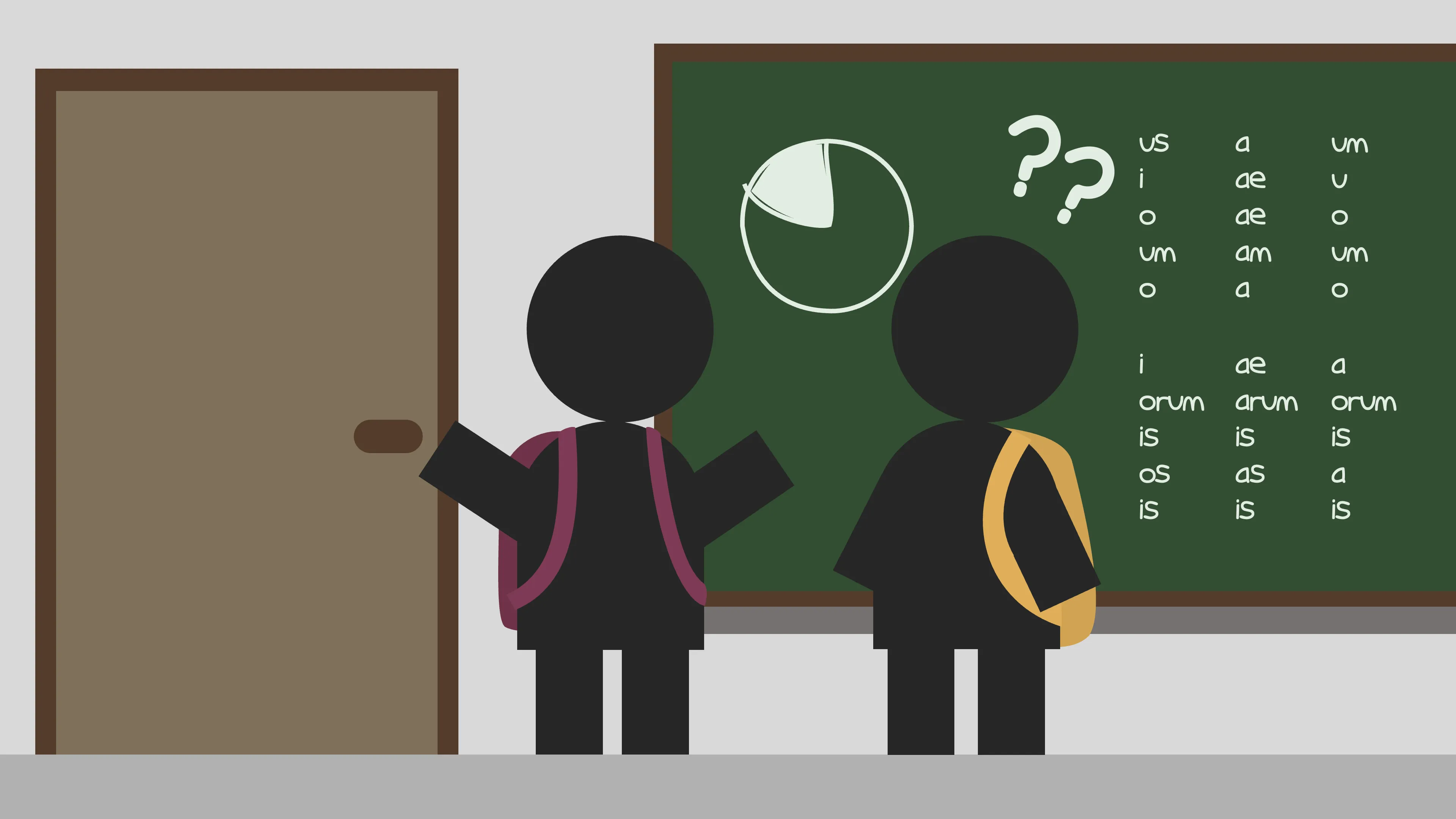 Two students standing in front of a blackboard.