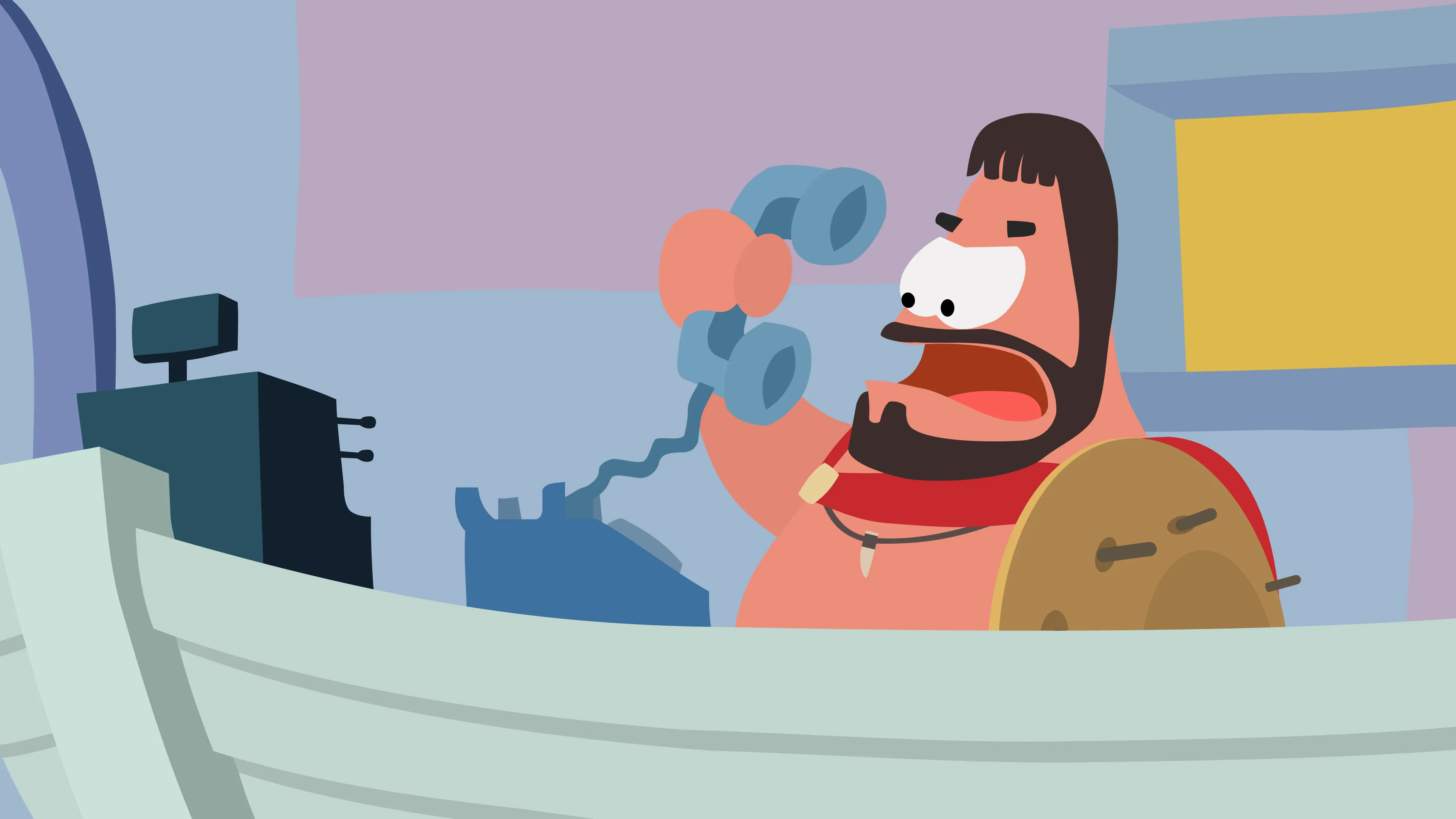 Patrick at the Krusty Krab, dressed as King Leonidas from the movie 300