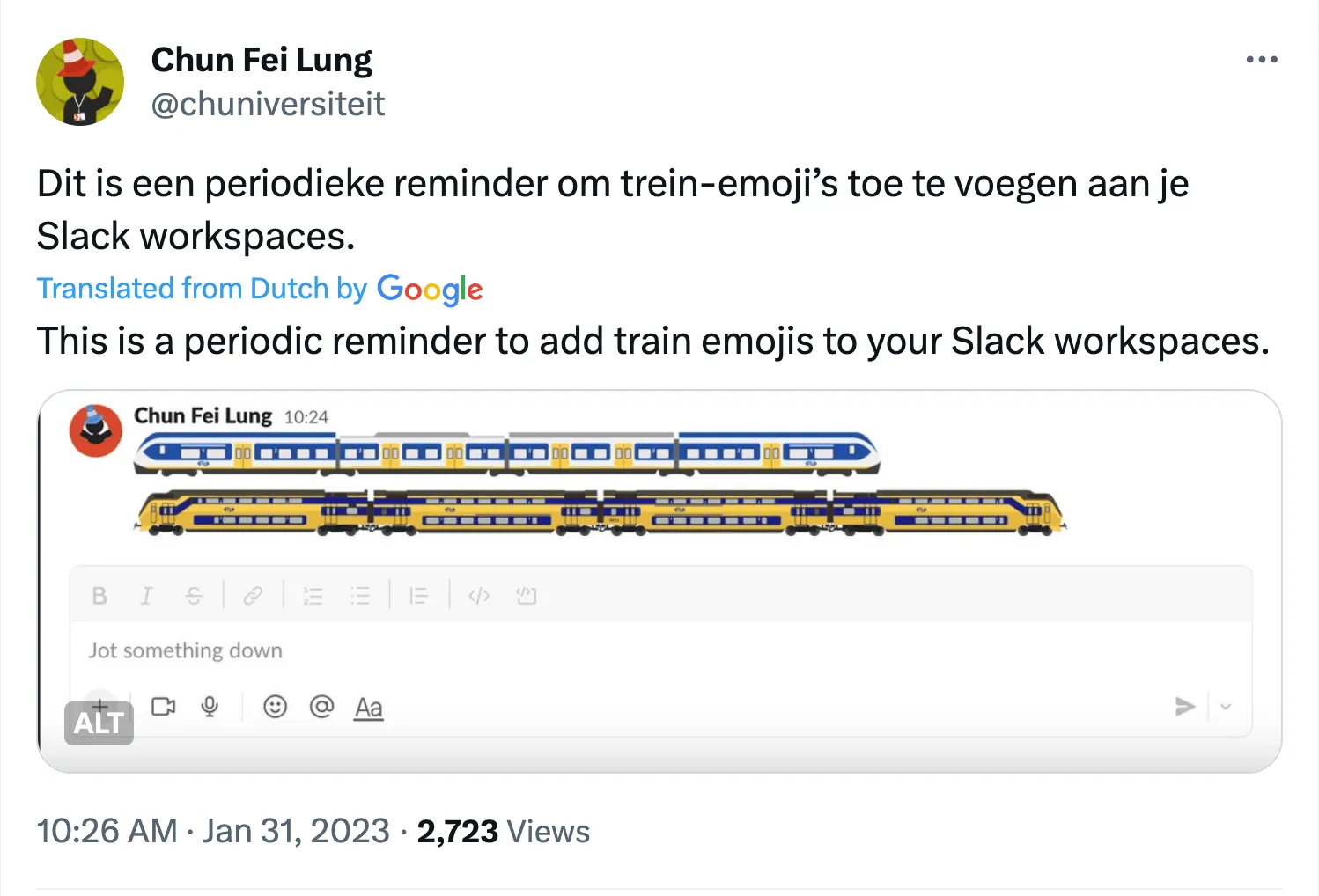 Screenshot of my post on X that reminds people to add train emojis to their Slack workspaces. The post includes a screenshot that shows two trains that consist from a sequence of emojis.