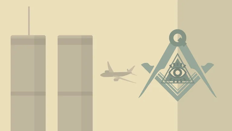 Depiction of 9/11 terrorist attack on the World Trade Center, with an overlay of an Illuminati/Freemasonry logo.
