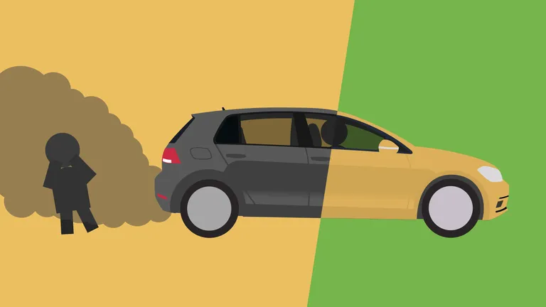 A Volkswagen car that is suffocating a pedestrian with its toxic fumes.