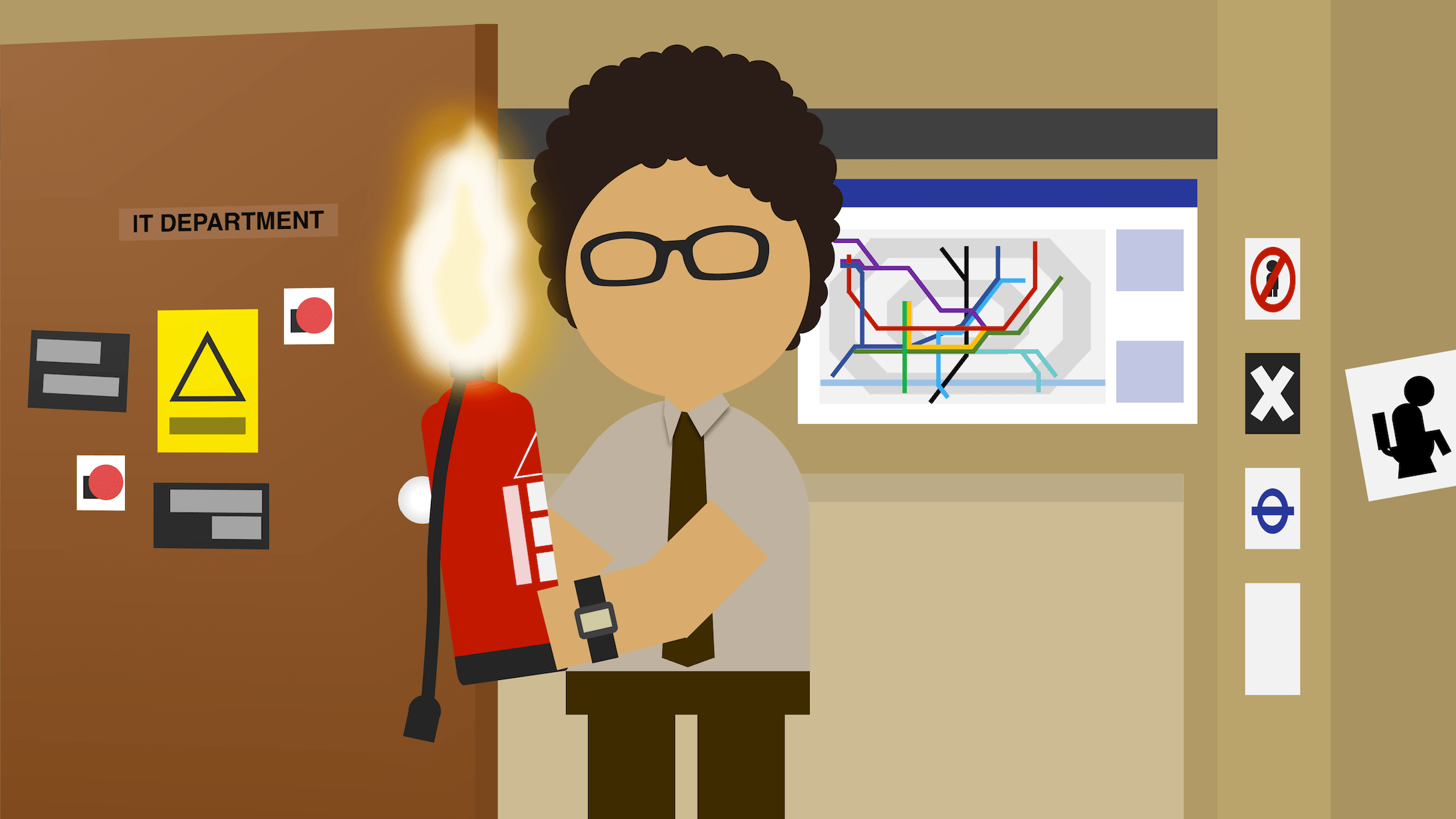 IT Crowd’s Moss awkwardly holds a fire extinguisher that’s on fire
