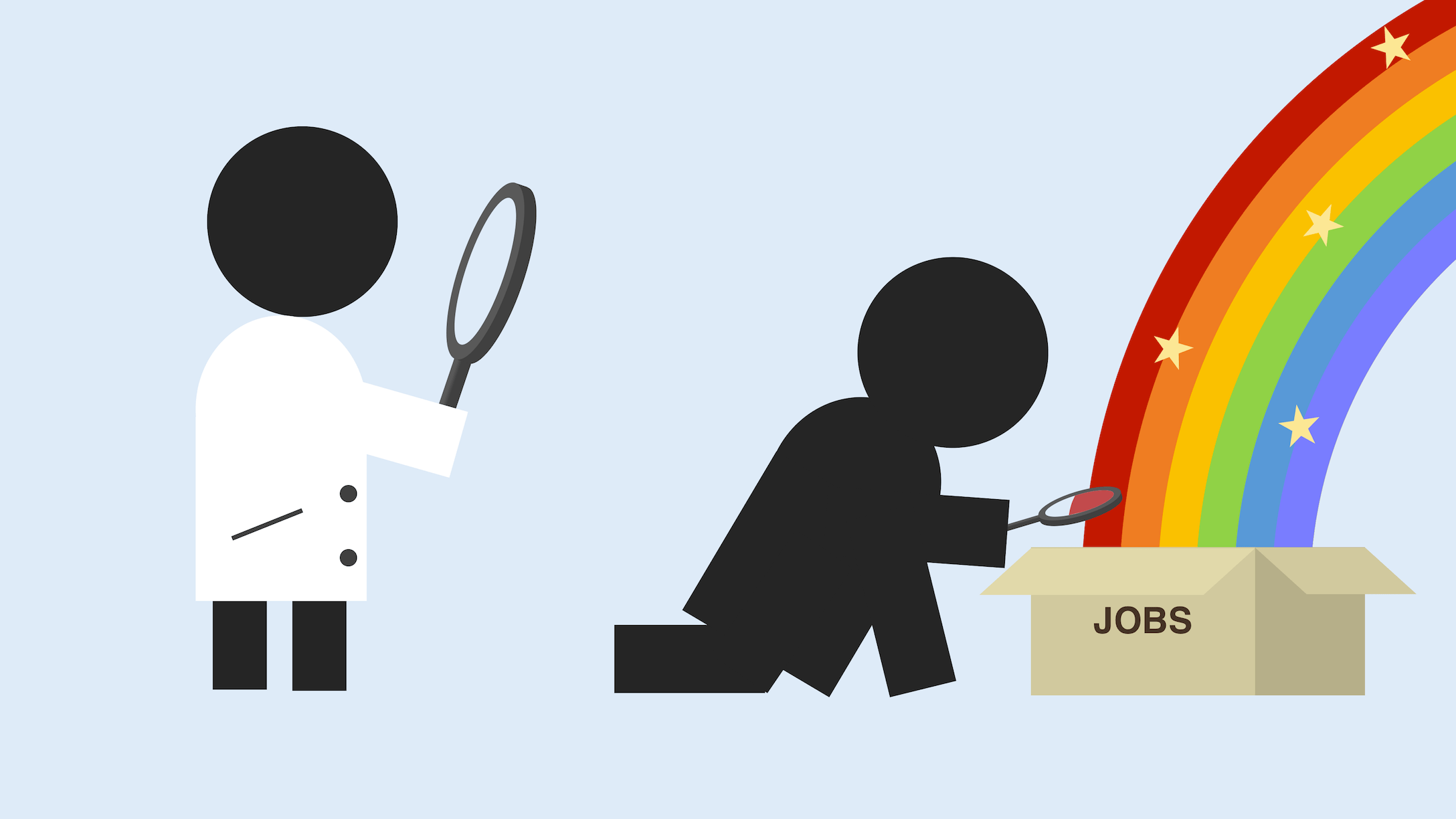 A researcher who looks at someone who is looking for a job in a cardboard box filled with jobs
