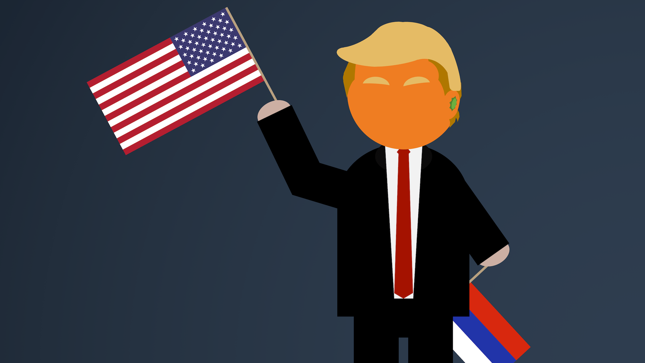 An orange president waves an American flag, while also holding a Russian one
