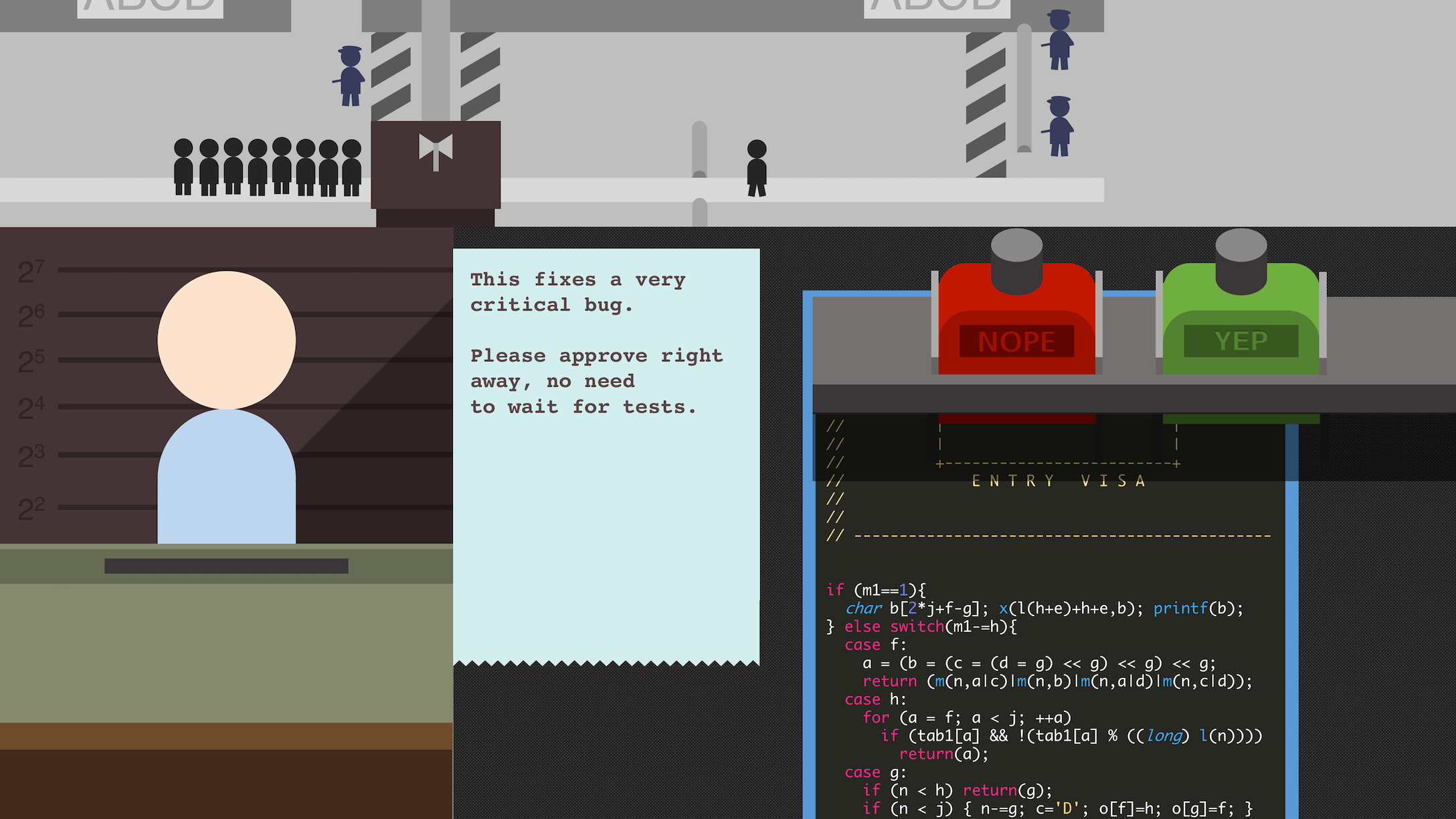 Developers queueing in line to have their code reviewed by an Arstotzka inspector