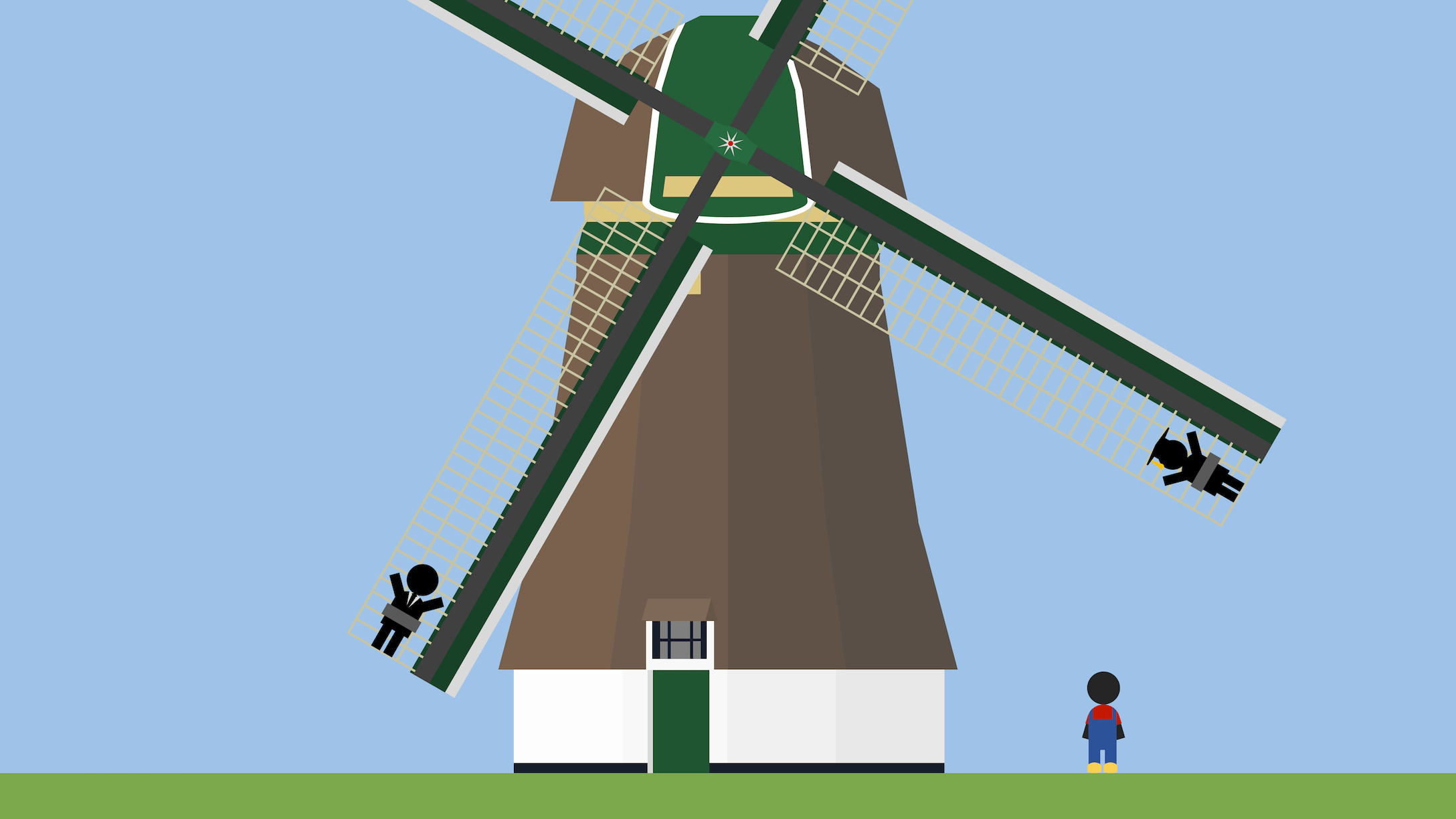 People with different jobs, tied to a Dutch windmill