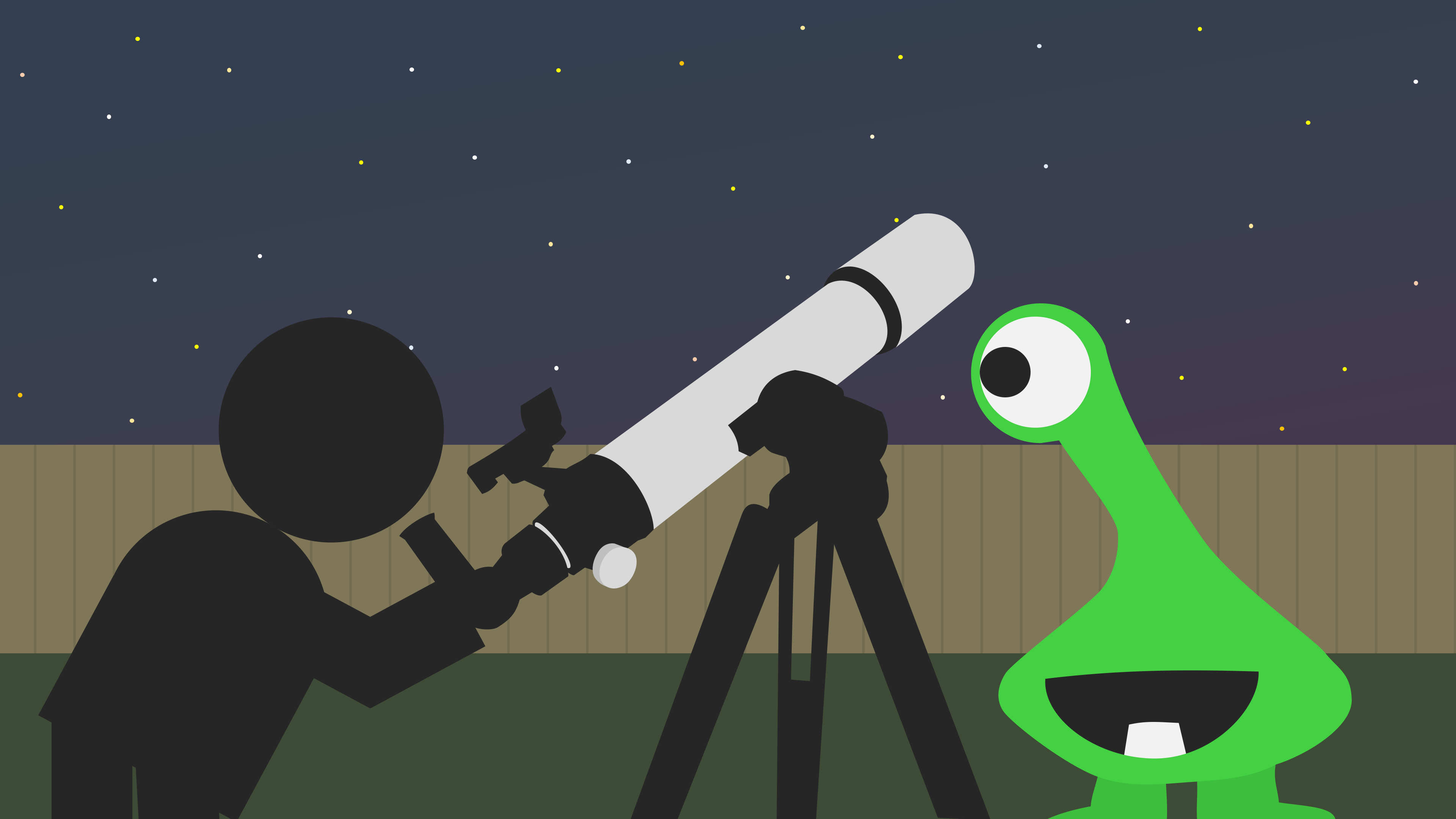 A person looks through a telescope at a starry sky, unaware of their immediate surroundings.
