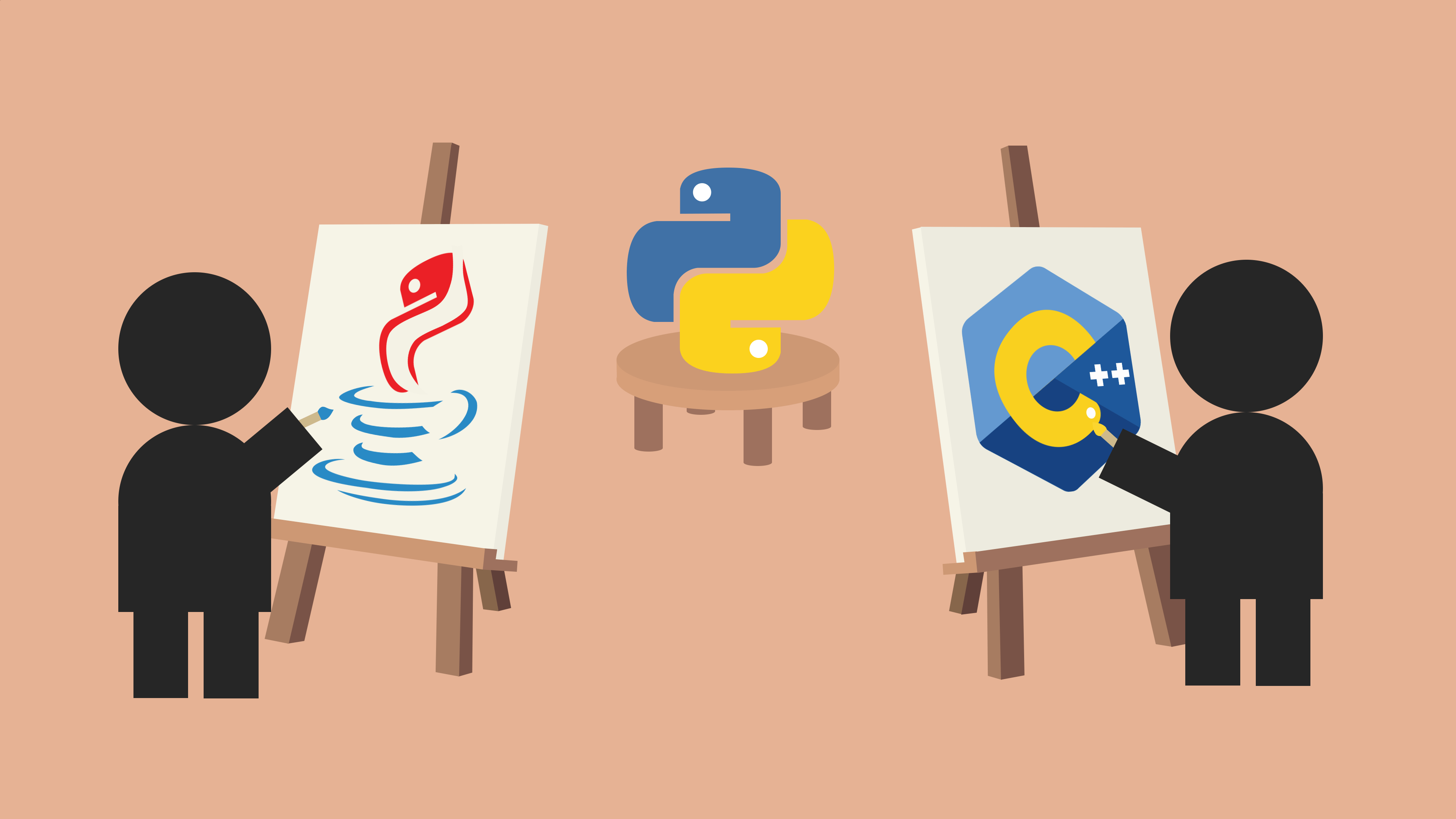 Two artists try to paint the Python logo. One looks like the Java logo, the other like the C++ logo.
