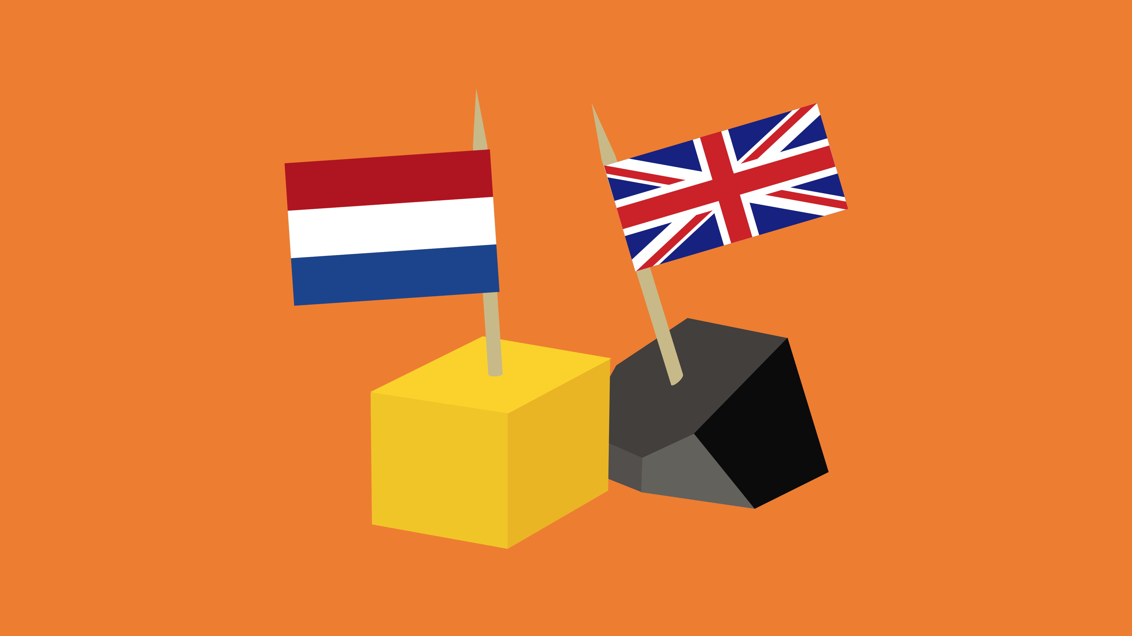 Cheese and a piece of coal with Dutch and British flags, presumably served during Friday afternoon drinks
