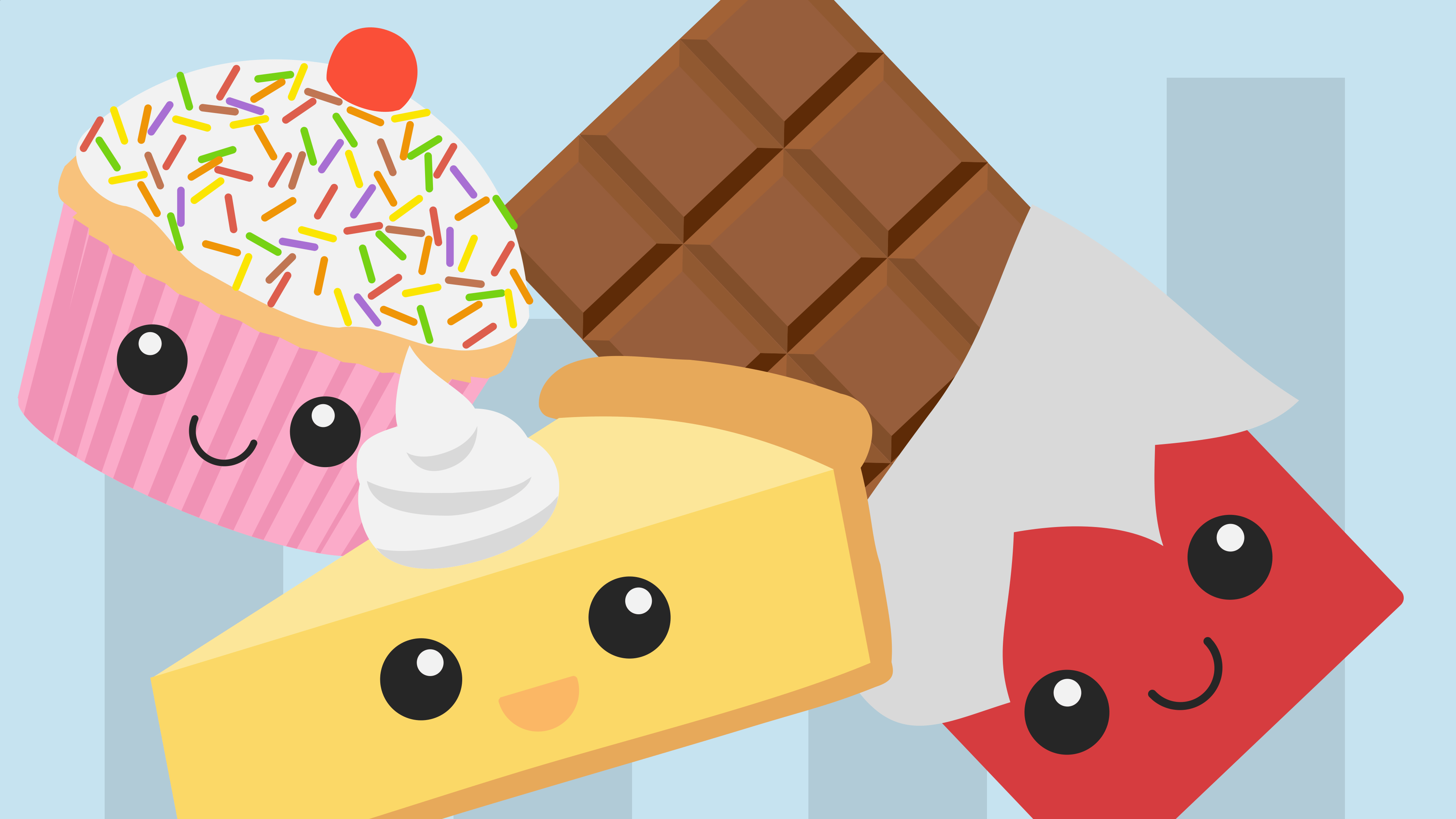 A happy cupcake, a happy pie and a happy chocolate bar