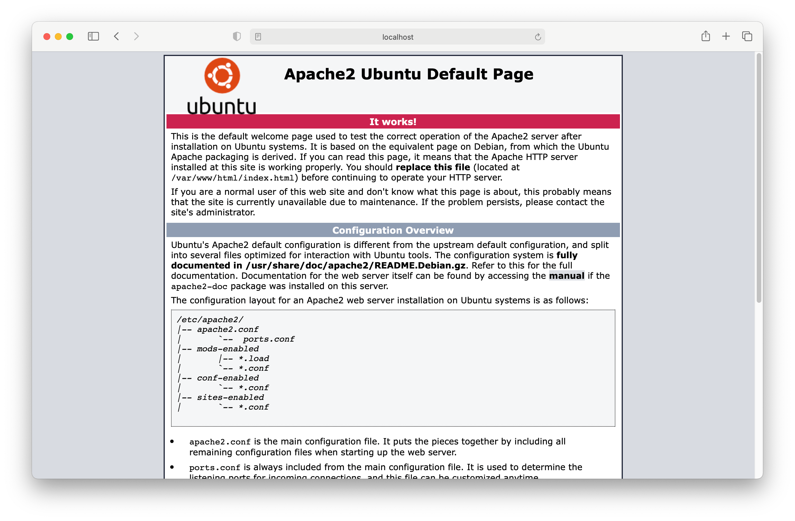 Apache’s default welcome page that tells you that “It works!”