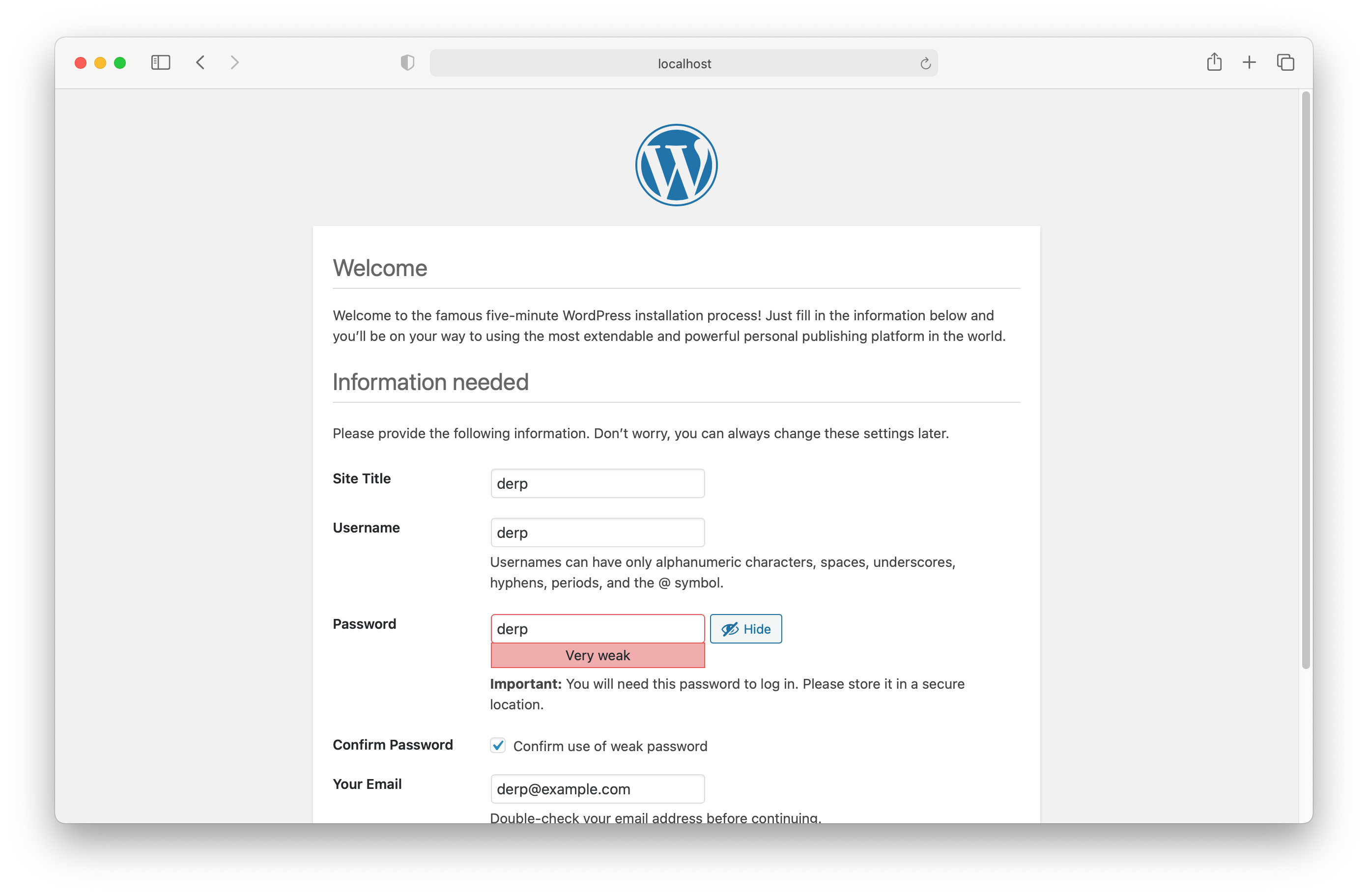 WordPress’s setup screen