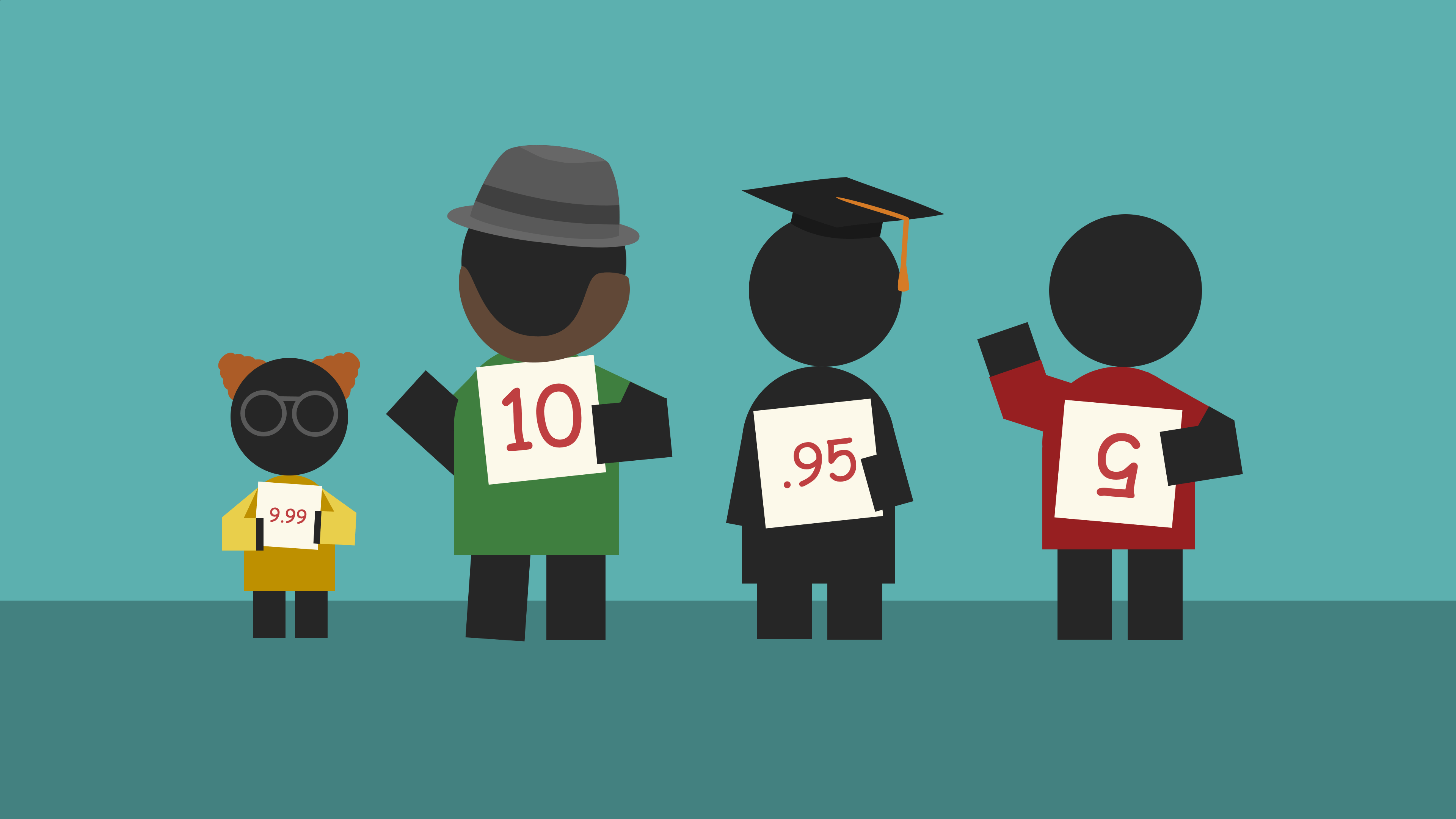 A whizz-kid, a sysadmin, a fresh graduate, and an idiot hold up number signs