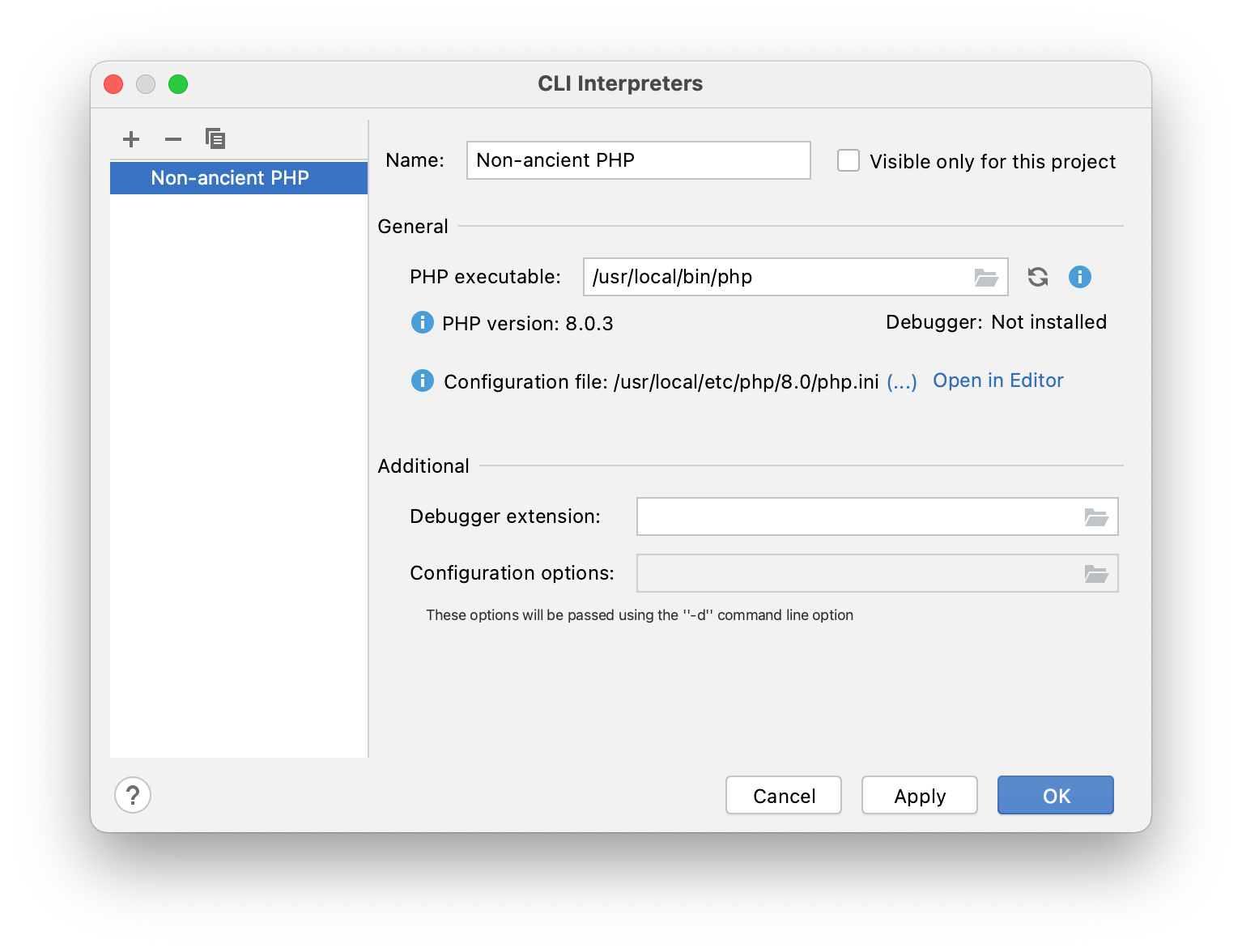 A window in which we can create a new CLI interpreter. We have
provided /usr/local/bin/php as the path to the PHP executable.