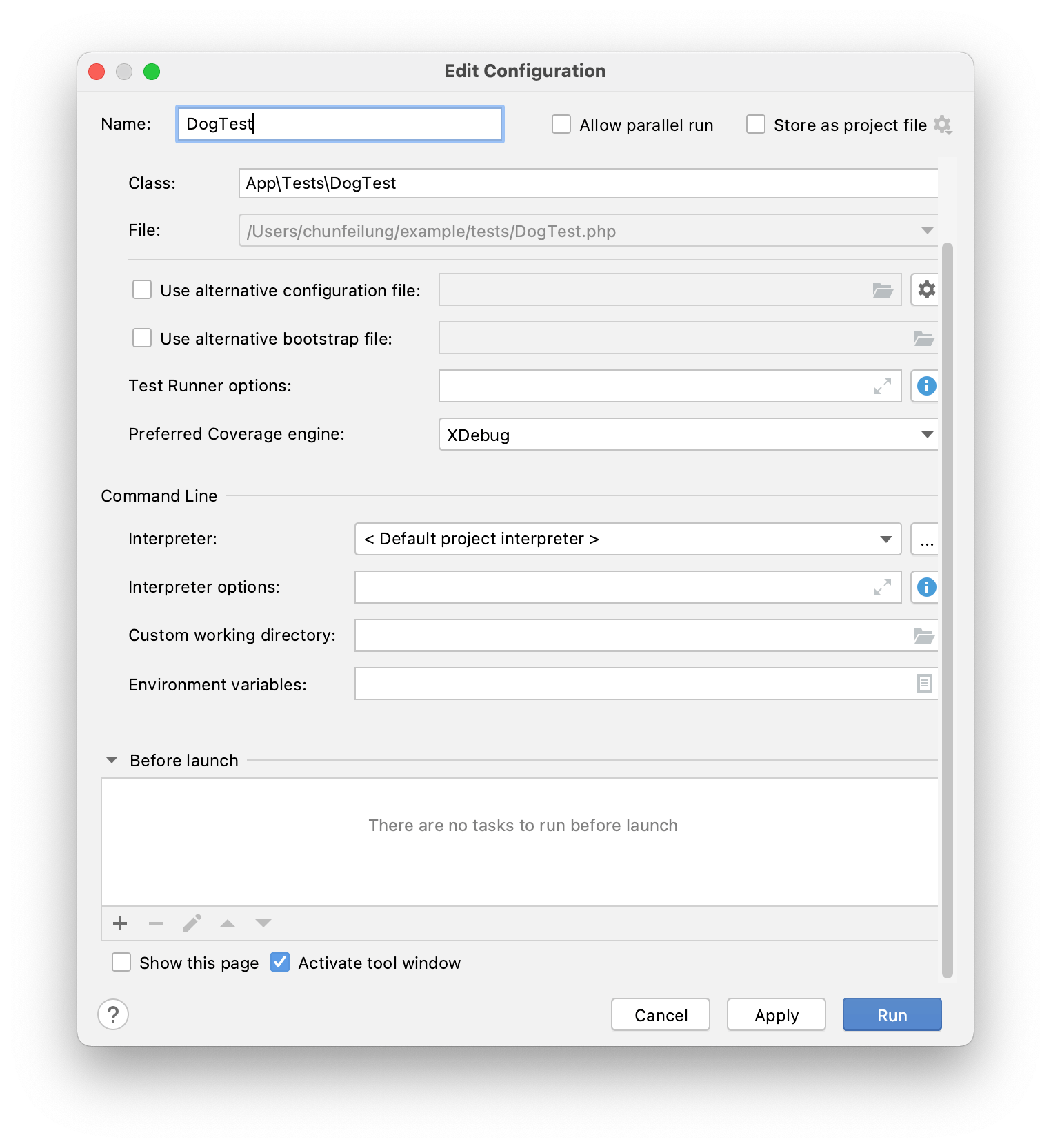 PhpStorm shows the “Edit configuration” window again, this time
without an error message.